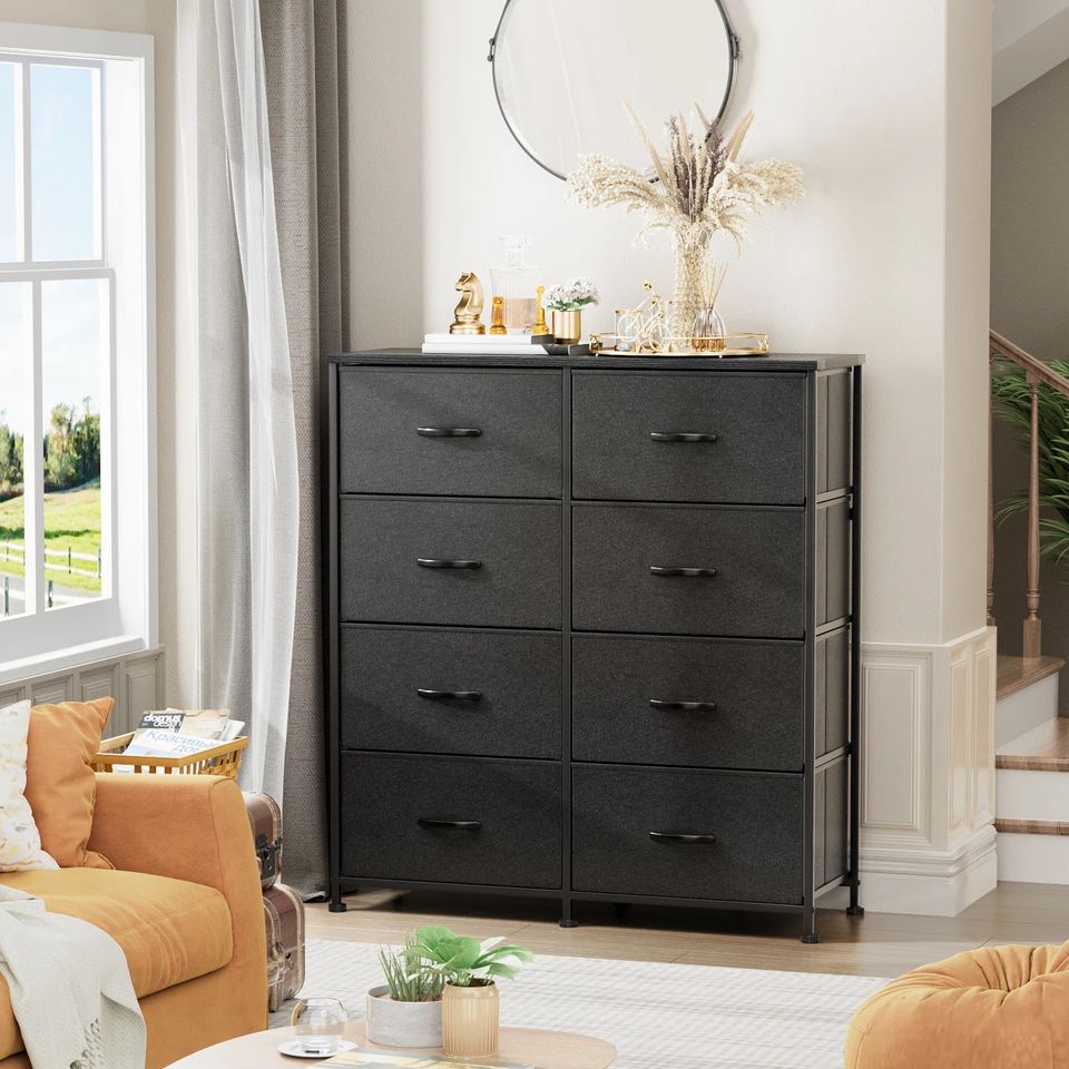 Dresser with 8 Drawers for Bedroom | Black from AHF Depot - Black 8 drawer dresser in a modern light tone bedroom setting.