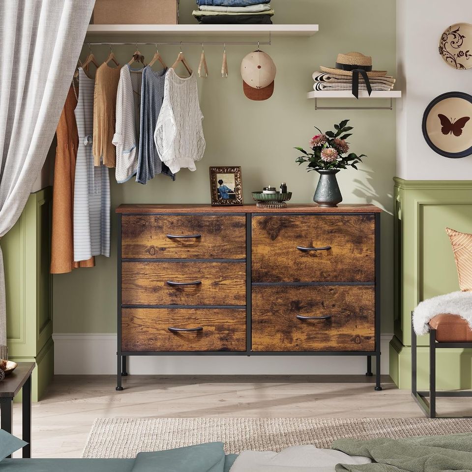 Dresser with 5 Drawers for Bedroom | Redesigned Wood Pattern from AHF Depot - Wood pattern 5 drawer dresser in a modern bedroom setting against a olive green wall.