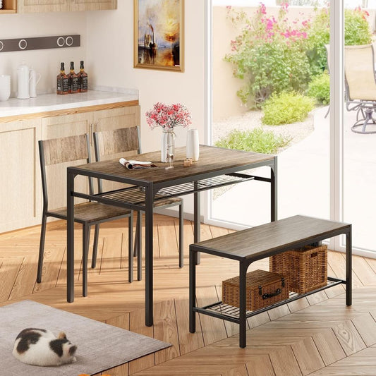 Dining Set Includes Table, Chairs, and Bench for Kitchen | Dark Wood from AHF Depot - Modern dark wood dining table with built-in shelving, accompanied by two chairs and a bench. Indoor dining room scene with flowers on the table and a cat sleeping by the table in front of a glass sliding door.