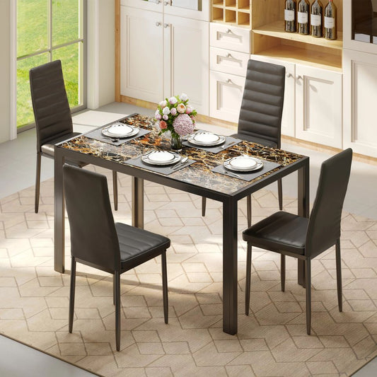 Dining Set Includes Table and Chairs for Kitchen | Marble Pattern from AHF Depot - Modern marble pattern dining table with four chairs, set with dishes and wine in a stylish indoor dining room scene.