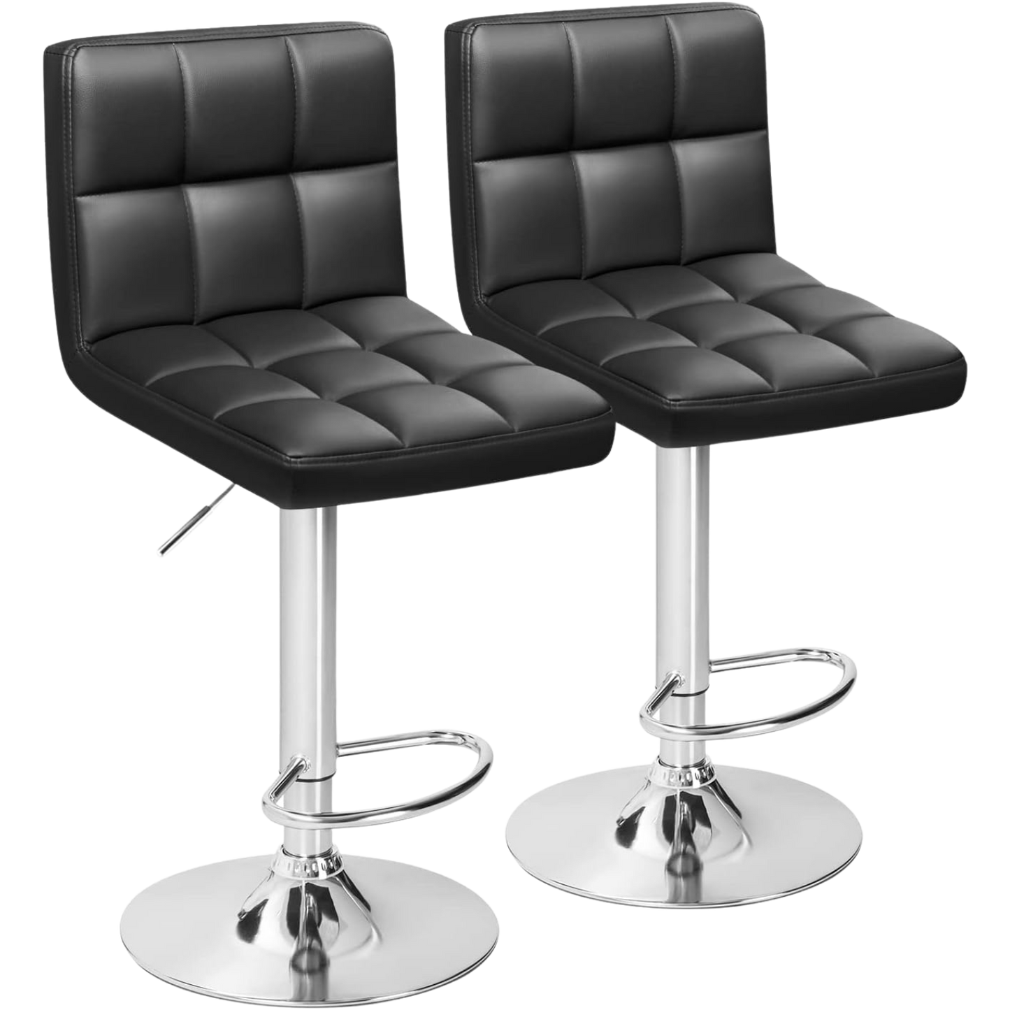 Bar Stool Set of Two with 360 Swivel and Adjustable Height for Kitchen | Black Faux Leather from AHF Depot - Pair of padded black bar stools displayed side by side against a clean white background.