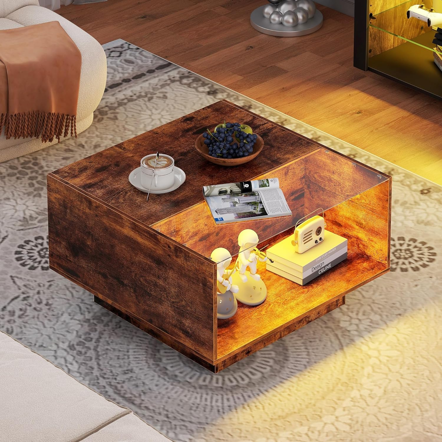 Coffee Table with LED Glass Display for Living Room | Wood Pattern from AHF Depot - Modern rustic wood coffee table featuring an LED glass display case, illuminated and positioned in the center of a stylish living room background.