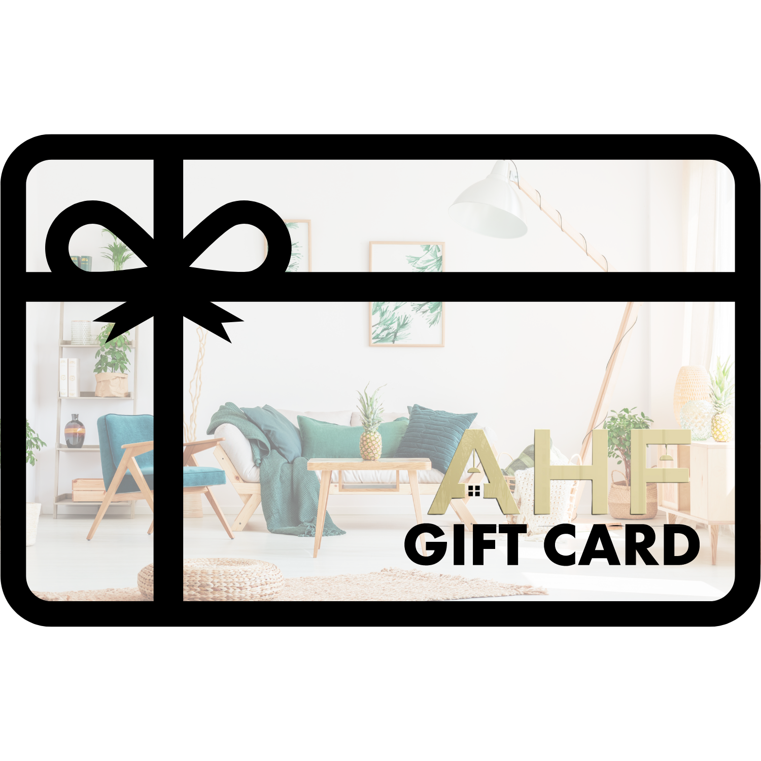 eGift Card for AHF Depot | Never Expires - Black AHF Depot gift cards with furniture background and logo. Perfect for any occasion.