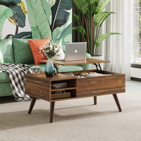 Coffee Table with Lifting Top and Hidden Storage for Living Room | Wood Pattern from AHF Depot - Modern living room scene featuring a wooden coffee table with a lift top in the open position. Placed in front of a stylish couch and a plant.