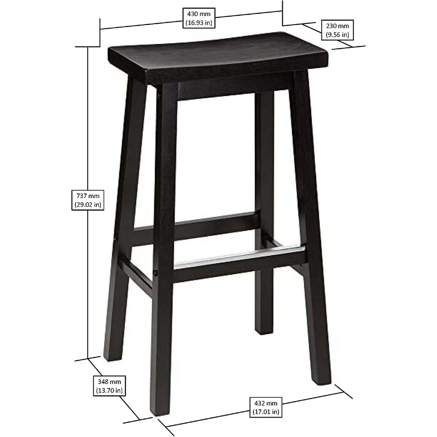 Bar Stool Set of Two Counter Height for Kitchen | Black from AHF Depot - Single black bar stool against a white background. Seat dimensions: 16.93" L x 9.56" W. Overall height from seat to floor: 29.02". Overall dimensions: 17.01" L x 13.7" W."