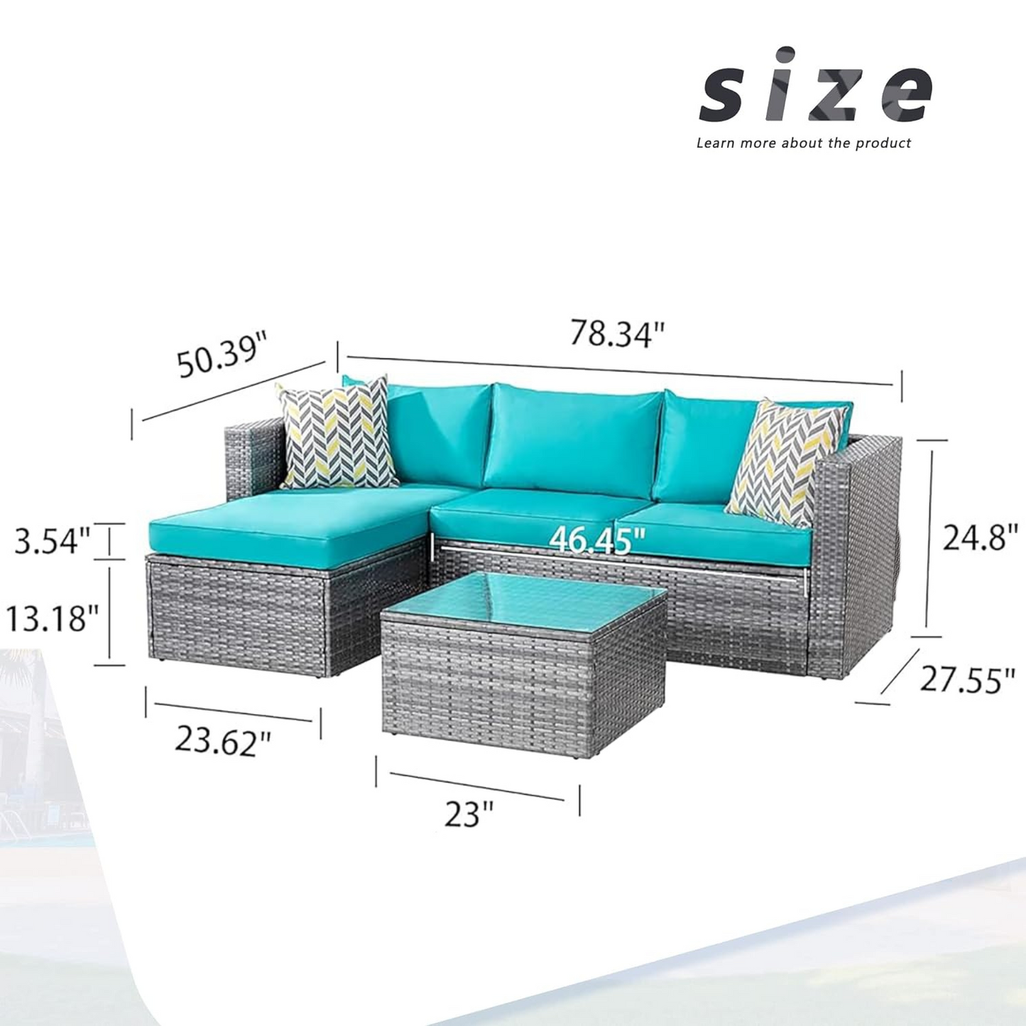 Outdoor Patio Sofa Set with Table | Grey/Teal from AHF Depot - Grey sectional couch with teal blue cushions set against a white background. Table Dimensions: 23" L x 23" W x 13.18" H. Sofa Dimensions: 78.34" L x 27.55" W x 24.8" H.