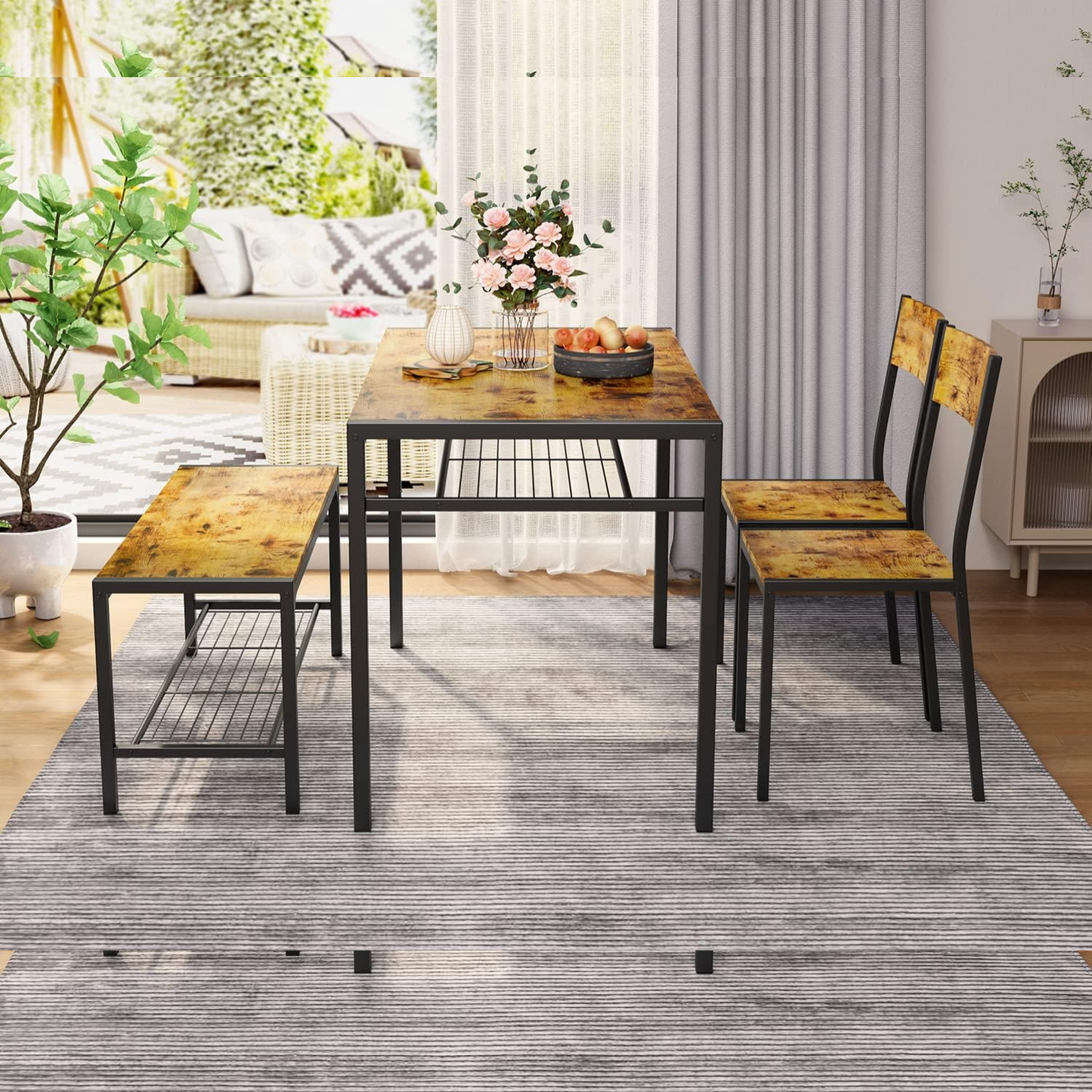 Dining Set Includes Table, Chairs, and Bench for Kitchen | Wood from AHF Depot - Modern wood dining table with built-in shelving, accompanied by two chairs and a bench. Indoor dining room scene with fruit and flowers on the table the table is in front of a bay window.