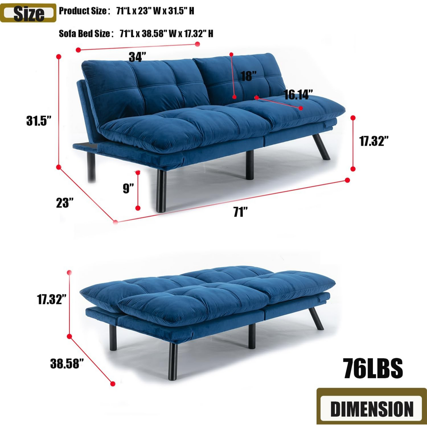 Couch Bed Futon Sleeper Sofa for Living Room | Blue Memory Foam from AHF Depot - Blue fabric futon with split back adjustment against a clean white background showcasing product dimensions. Couch Position Dimensions 71" L x 23" W x 31.5" H. Bed Position Dimensions 71" L x 23" W. Floor to Seat Height is 17.32".