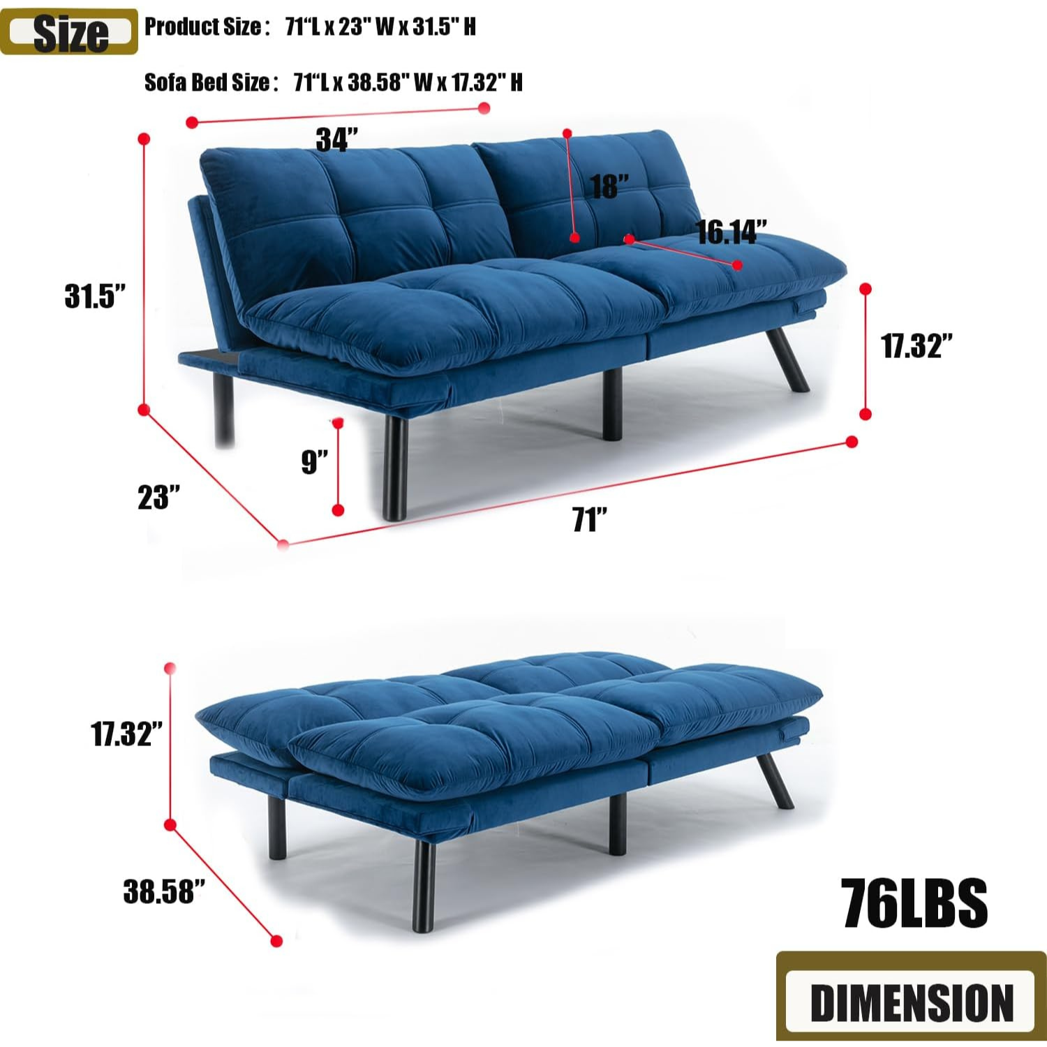 Couch Bed Futon Sleeper Sofa for Living Room | Blue Memory Foam from AHF Depot - Blue fabric futon with split back adjustment against a clean white background showcasing product dimensions. Couch Position Dimensions 71" L x 23" W x 31.5" H. Bed Position Dimensions 71" L x 23" W. Floor to Seat Height is 17.32".