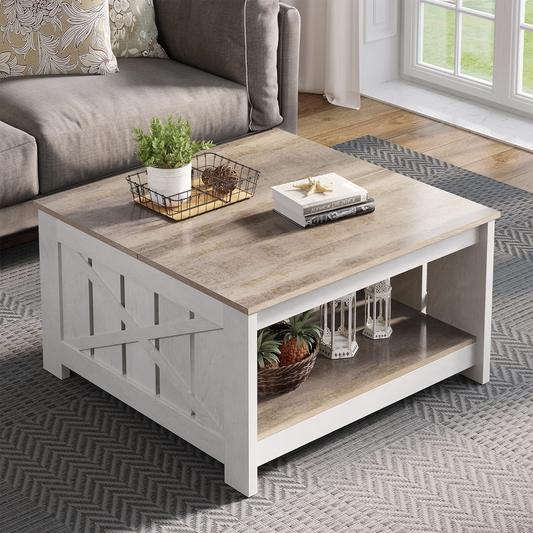 Coffee Table with Bottom Storage for Living Room | Light Wood from AHF Depot - top view of light wood finish farmhouse-style coffee table featuring barn-inspired X side supports and spacious bottom storage, adding rustic charm to a modern living space.