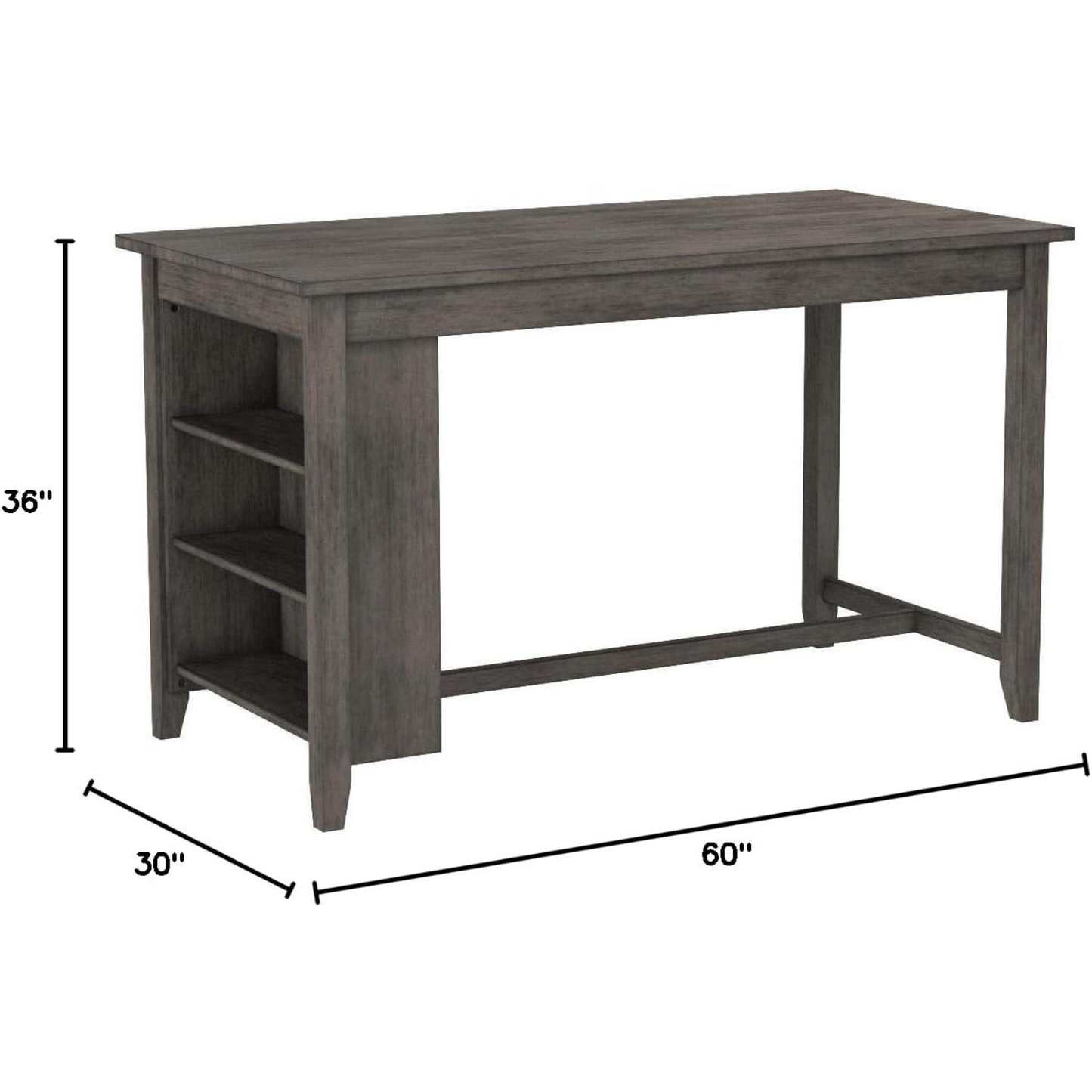 Rustic Counter Height Dining Table with Storage | Dark Oak from AHF Depot - Dining table featuring a dark gray wash design and built-in shelving against a white background. Table Dimensions: 60" L x 30" W x 36" H.