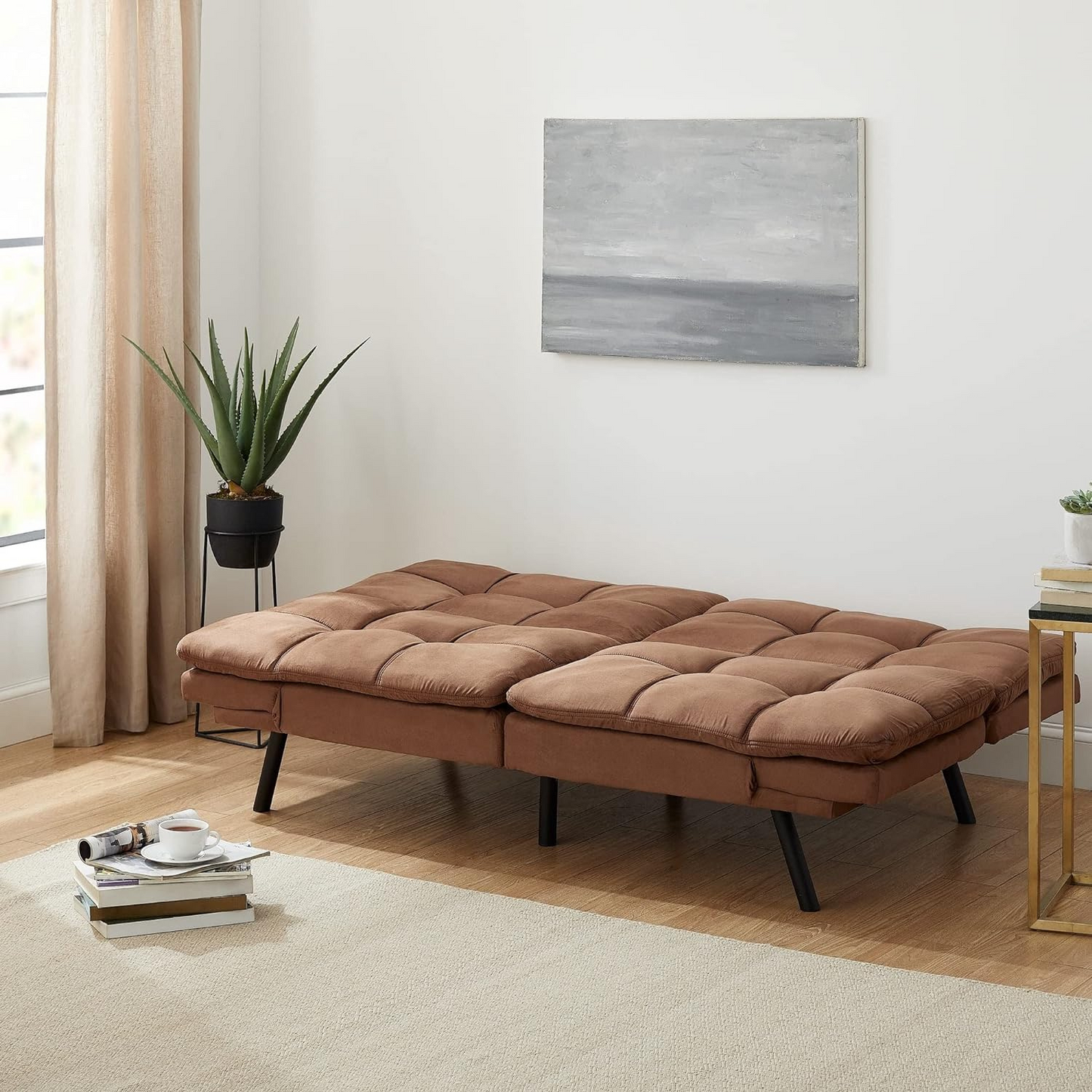 Couch Bed Futon Sleeper Sofa for Living Room | Brown Memory Foam from AHF Depot - Brown fabric futon with split back adjustment displayed in a modern living room scene laid flat like a bed.