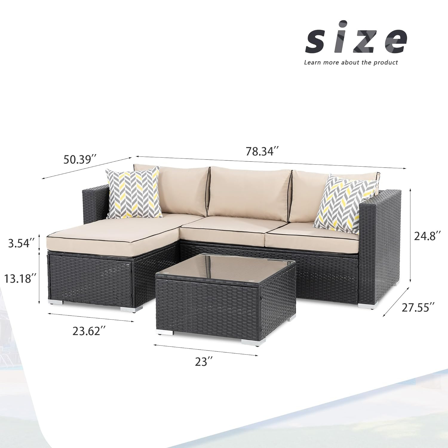 Outdoor Patio Sofa Set with Table | Black/Tan from AHF Depot - Black sectional couch with tan cushions set against a white background. Table Dimensions: 23" L x 23" W x 13.18" H. Sofa Dimensions: 78.34" L x 27.55" W x 24.8" H.