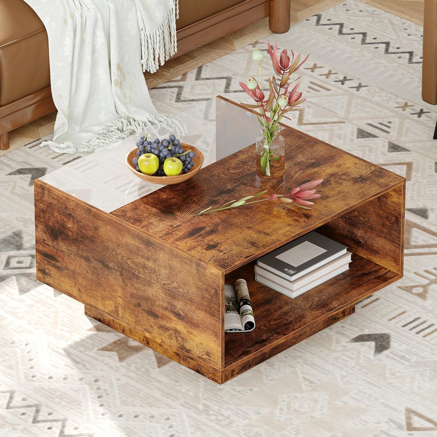 Coffee Table with LED Glass Display for Living Room | Wood Pattern from AHF Depot - Modern rustic wood coffee table image featuring the convenient storage shelving, positioned in the center of a stylish living room background.