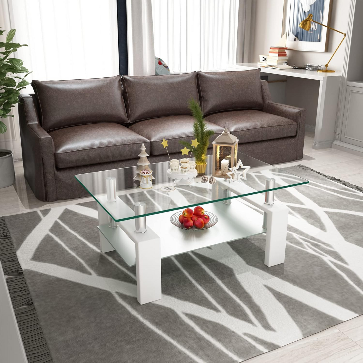 Coffee Table with Glass Top for Living Room | White from AHF Depot - Modern living room scene featuring a sleek white metal-framed coffee table with a mirrored glass top. Positioned in front of a stylish couch and a plant.