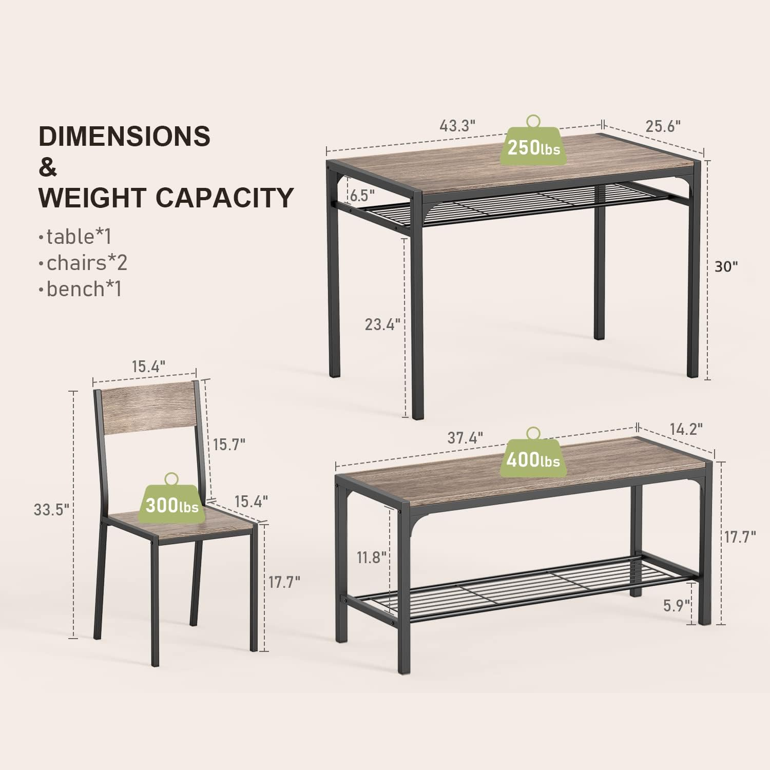 Dining Set Includes Table, Chairs, and Bench for Kitchen | Dark Wood from AHF Depot - Modern dark wood dining table, one chair, and the bench against a white background. Table Dimensions: 43.3" L x 25.6" W x 30" H. Chair Dimensions: 15.4" L x 15.4" W x 33.5" H. Bench Dimensions: 37.4" L x 14.2" W x 17.7" H.