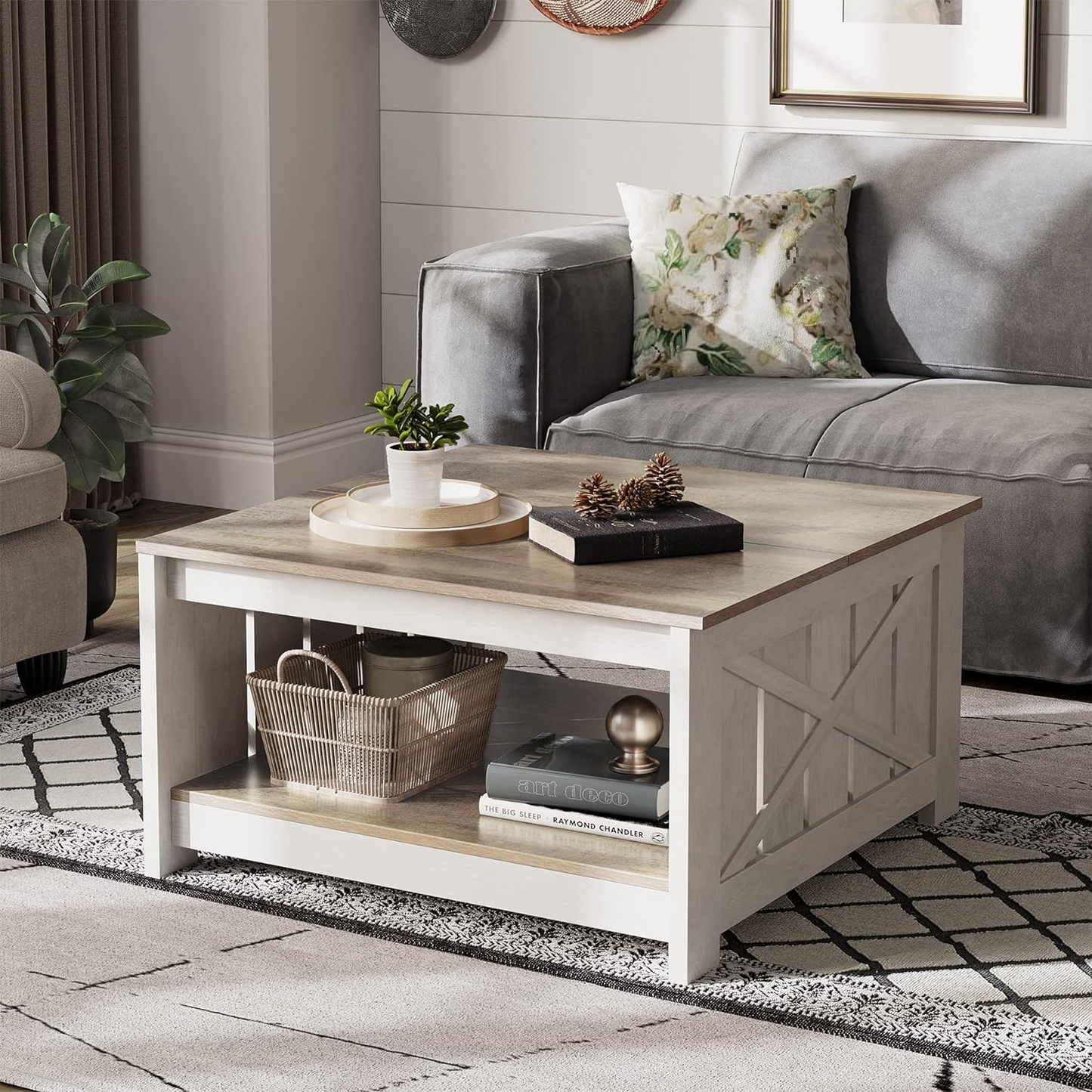 Coffee Table with Bottom Storage for Living Room | Light Wood from AHF Depot - light wood finish farmhouse-style coffee table featuring barn-inspired X side supports and spacious bottom storage, adding rustic charm to a modern living space.