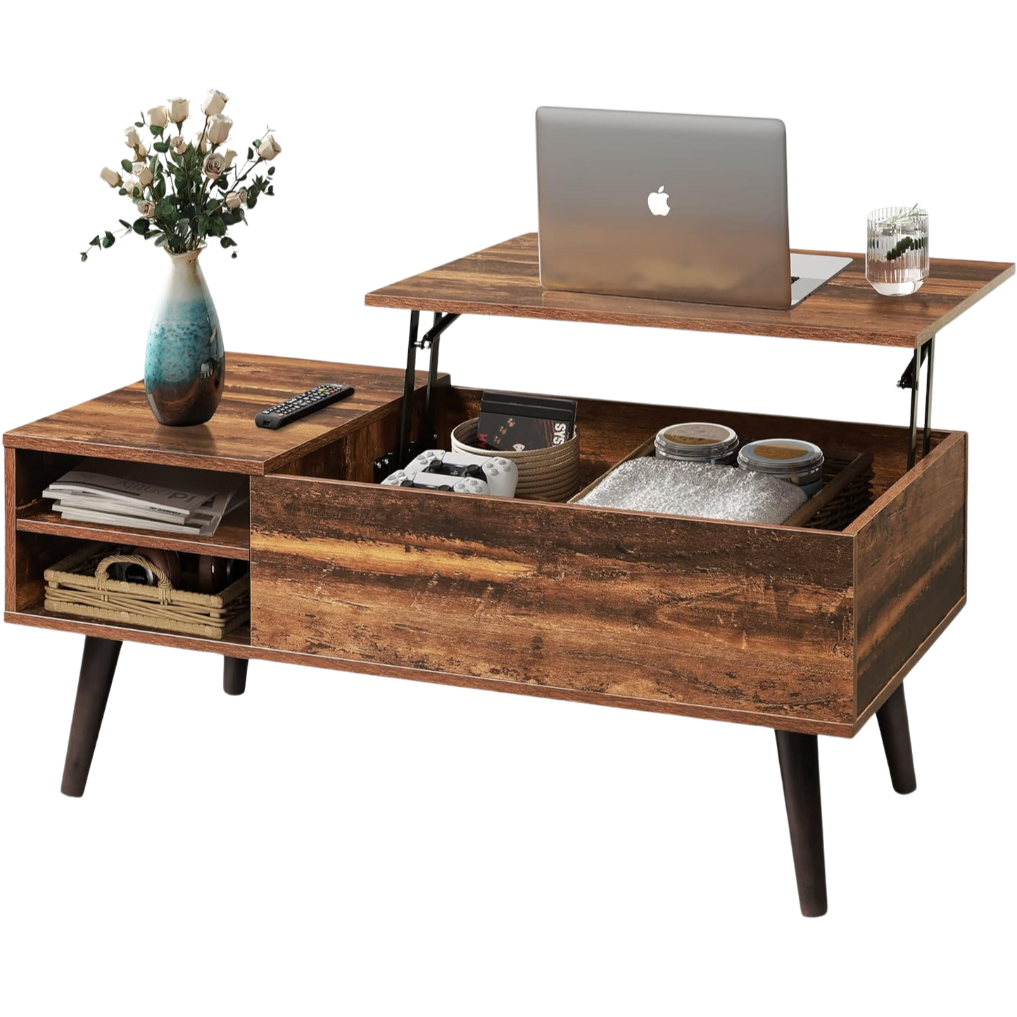 Coffee Table with Lifting Top and Hidden Storage for Living Room | Wood Pattern from AHF Depot - Modern living room scene featuring a wooden coffee table with a lift top in the open position against a clean white background.