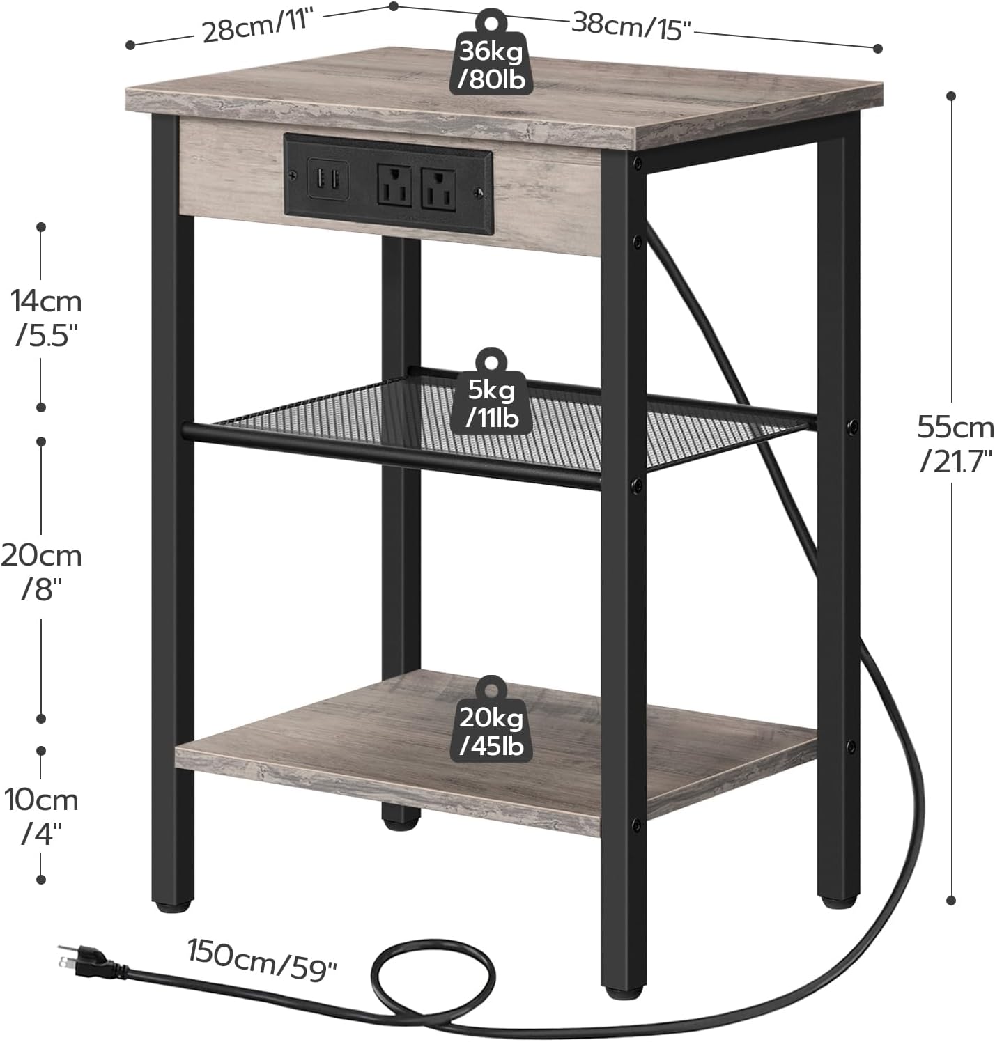 Side Table/End Table with Charging Station for Bedroom Storage | Light Wood from AHF Depot - Light wood side table with charging station against a white background. Dimensions: 11" L x 15" W x 21.7" H.