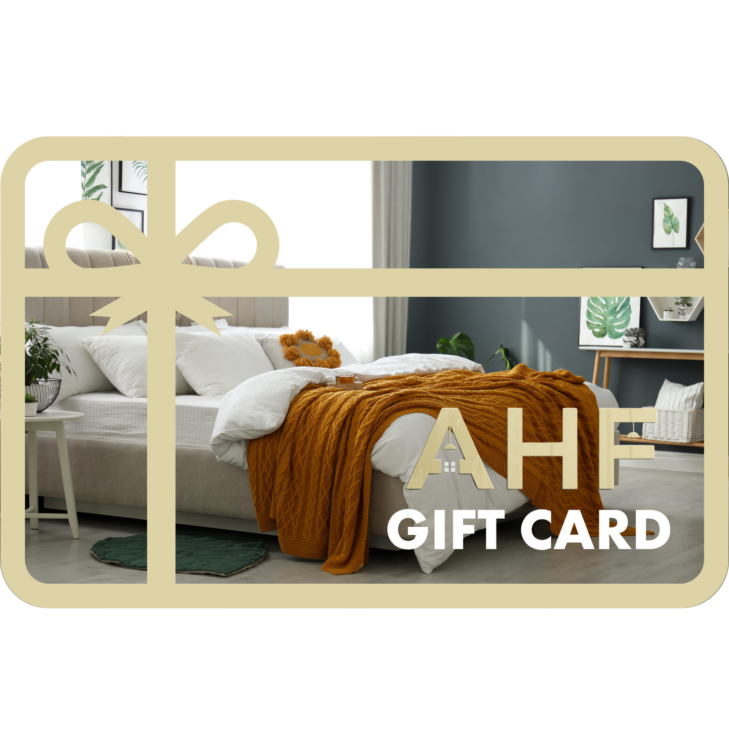 eGift Card for AHF Depot | Never Expires - Gold AHF Depot gift cards with furniture background and logo. Perfect for any occasion.