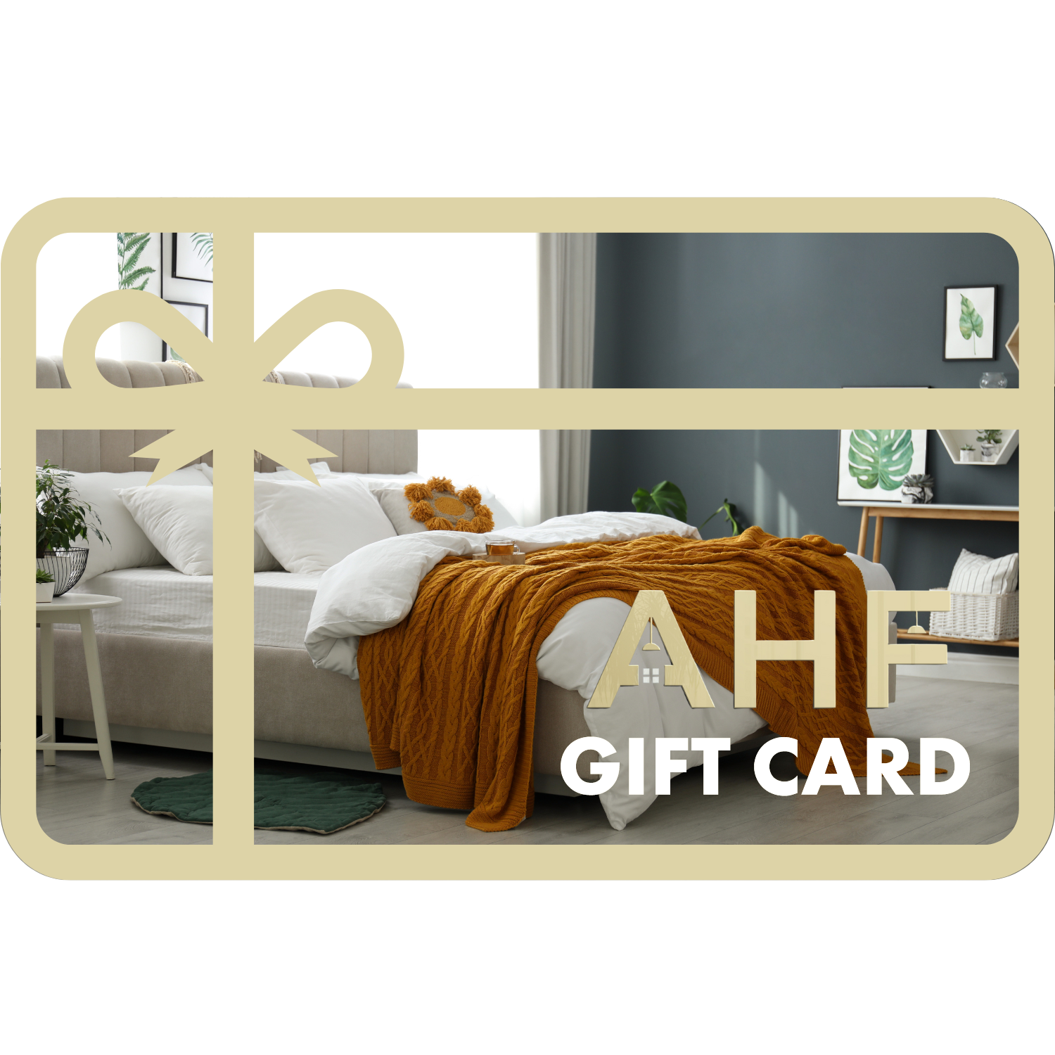 eGift Card for AHF Depot | Never Expires - Gold AHF Depot gift cards with furniture background and logo. Perfect for any occasion.