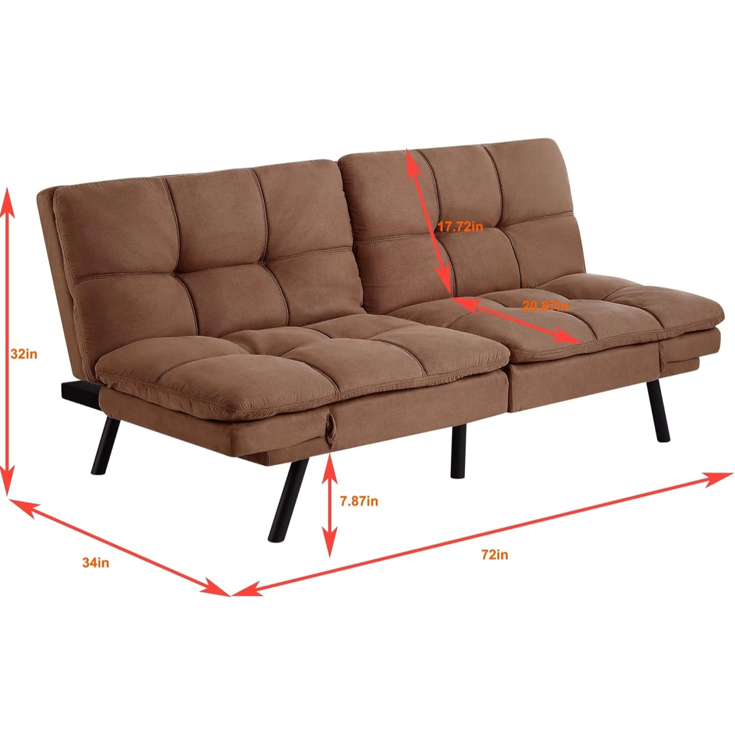 Couch Bed Futon Sleeper Sofa for Living Room | Brown Memory Foam from AHF Depot - Brown fabric futon with split back adjustment against a clean white background showcasing product dimensions. Couch Position Dimensions 72" L x 34" W x 32" H. Bed Position Dimensions 72" L x 38.6" W. Floor Clearance is 7.87".