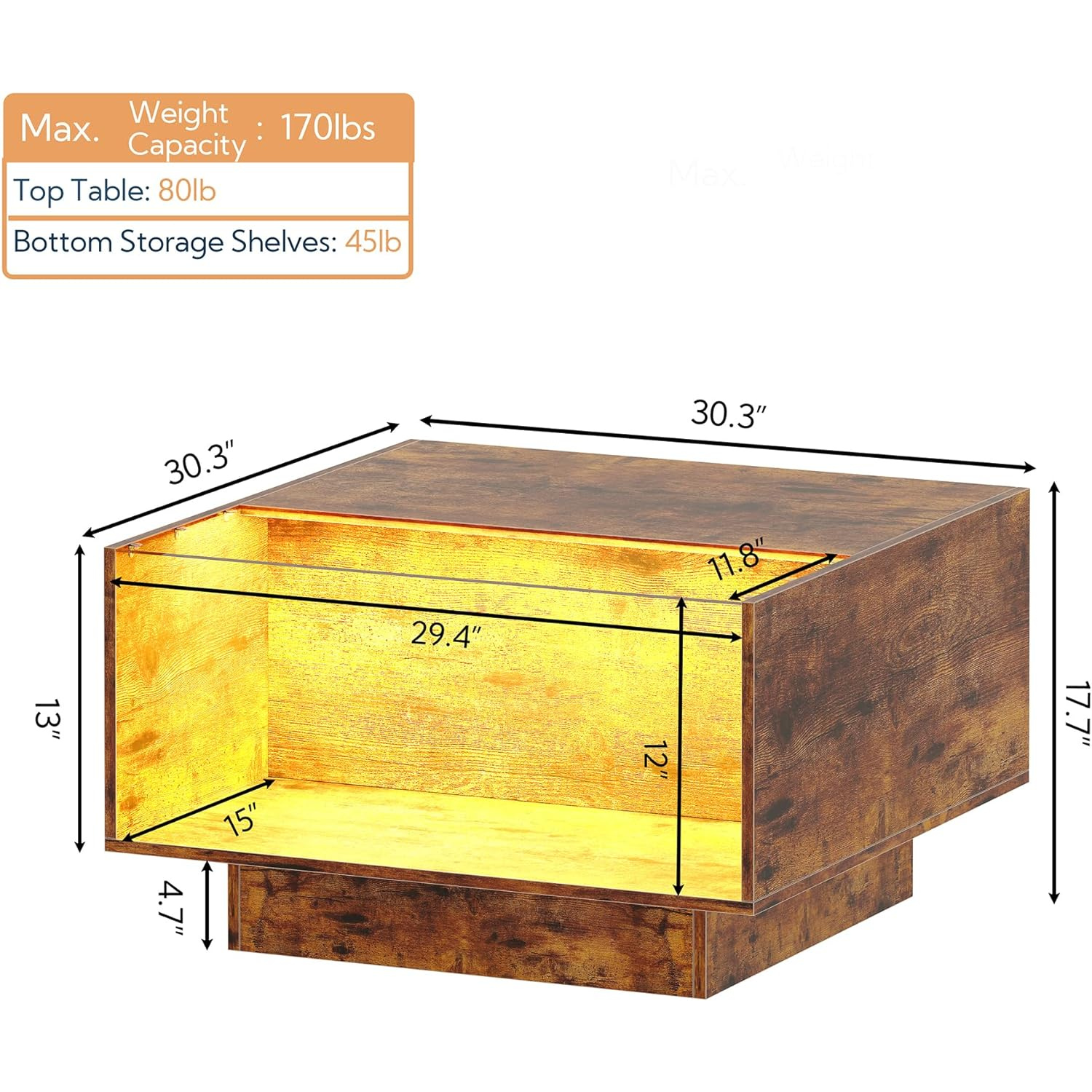 Coffee Table with LED Glass Display for Living Room | Wood Pattern from AHF Depot - Modern rustic wood coffee table featuring a sleek LED glass display against a clean white background. Table dimensions: 30.3" L x 30.3" W x 17.7" H. Supports up to 170lbs.