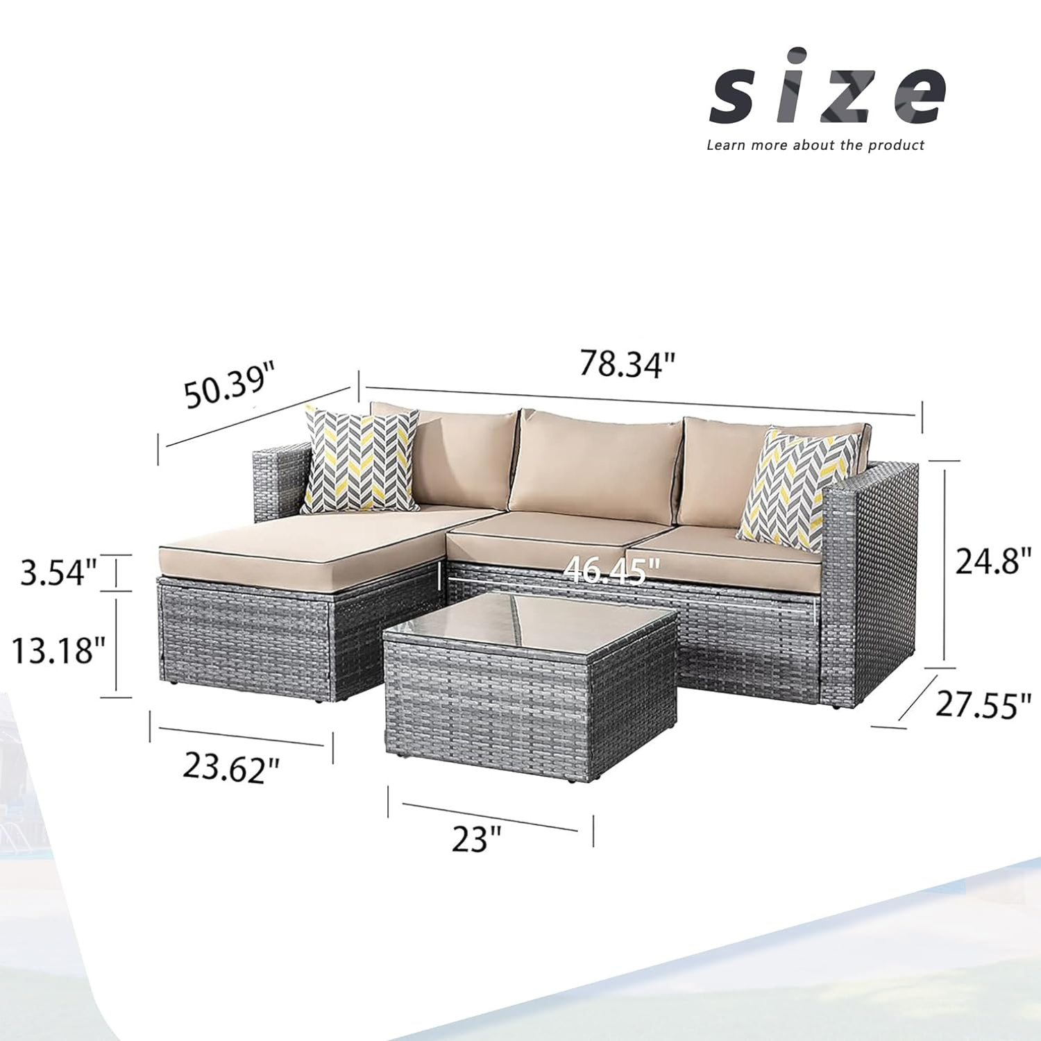 Outdoor Patio Sofa Set with Table | Grey/Tan from AHF Depot - Grey sectional couch with tan cushions set against a white background. Table Dimensions: 23" L x 23" W x 13.18" H. Sofa Dimensions: 78.34" L x 27.55" W x 24.8" H.