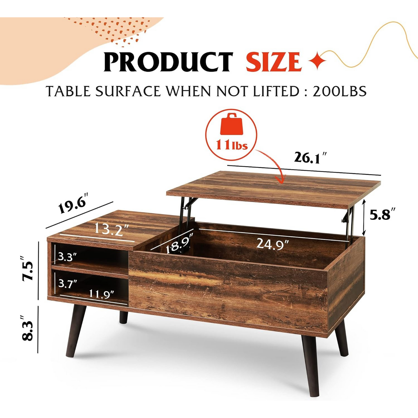 Coffee Table with Lifting Top and Hidden Storage for Living Room | Wood Pattern from AHF Depot - Modern living room scene featuring a wooden coffee table with a lift top in the open position against a clean white background showcasing product dimensions. Table dimensions: 39.3" L x 19.69" W x 15.8" H. Interior Dimensions: 24.9" L x 18.9" W x 7.5" H. Shelf Dimensions: 19.6" L x 11.9" W x 3.3" H. Supports up to 200lbs with lid closed or lid supports 11lbs open.