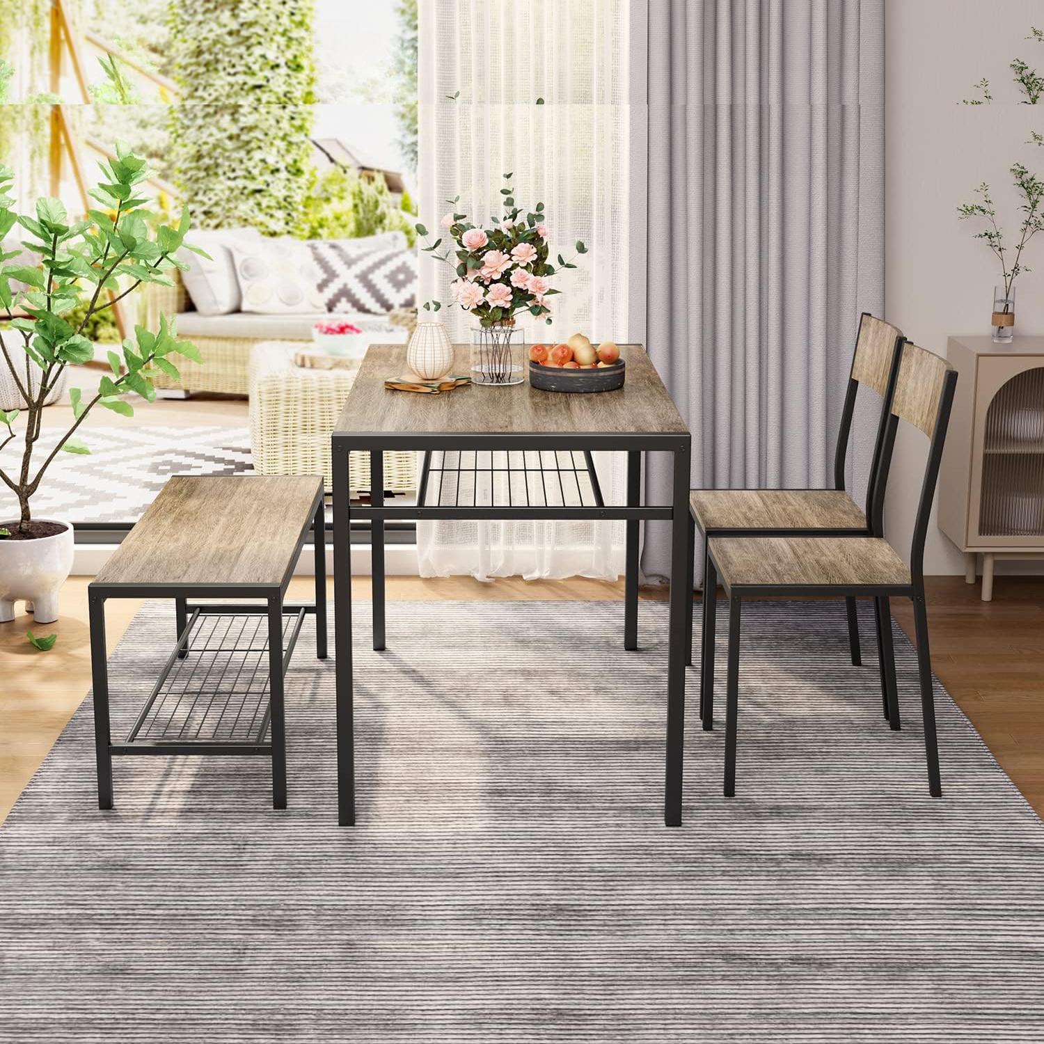 Dining Set Includes Table, Chairs, and Bench for Kitchen | Dark Wood from AHF Depot - Modern dark wood dining table with built-in shelving, accompanied by two chairs and a bench. Indoor dining room scene with fruit and flowers on the table the table is in front of a bay window.