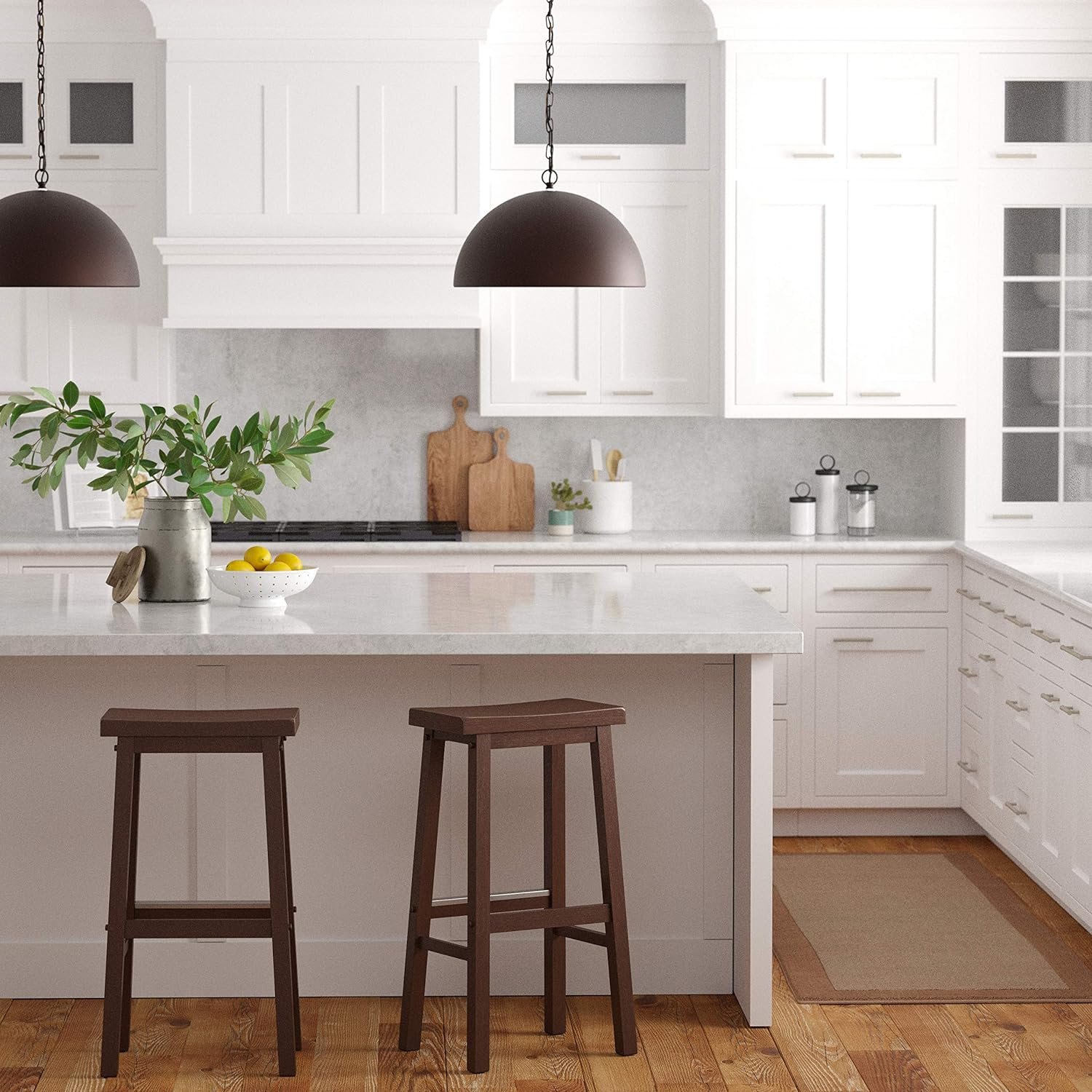 Bar Stool Set of Two Counter Height for Kitchen | Dark Wood from AHF Depot - Two stylish black bar stools placed in a modern kitchen setting, positioned next to a countertop.