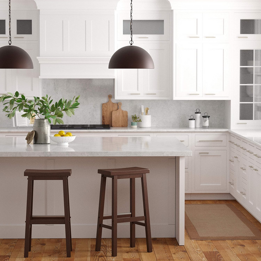 Bar Stool Set of Two Counter Height for Kitchen | Dark Wood from AHF Depot - Two stylish black bar stools placed in a modern kitchen setting, positioned next to a countertop.