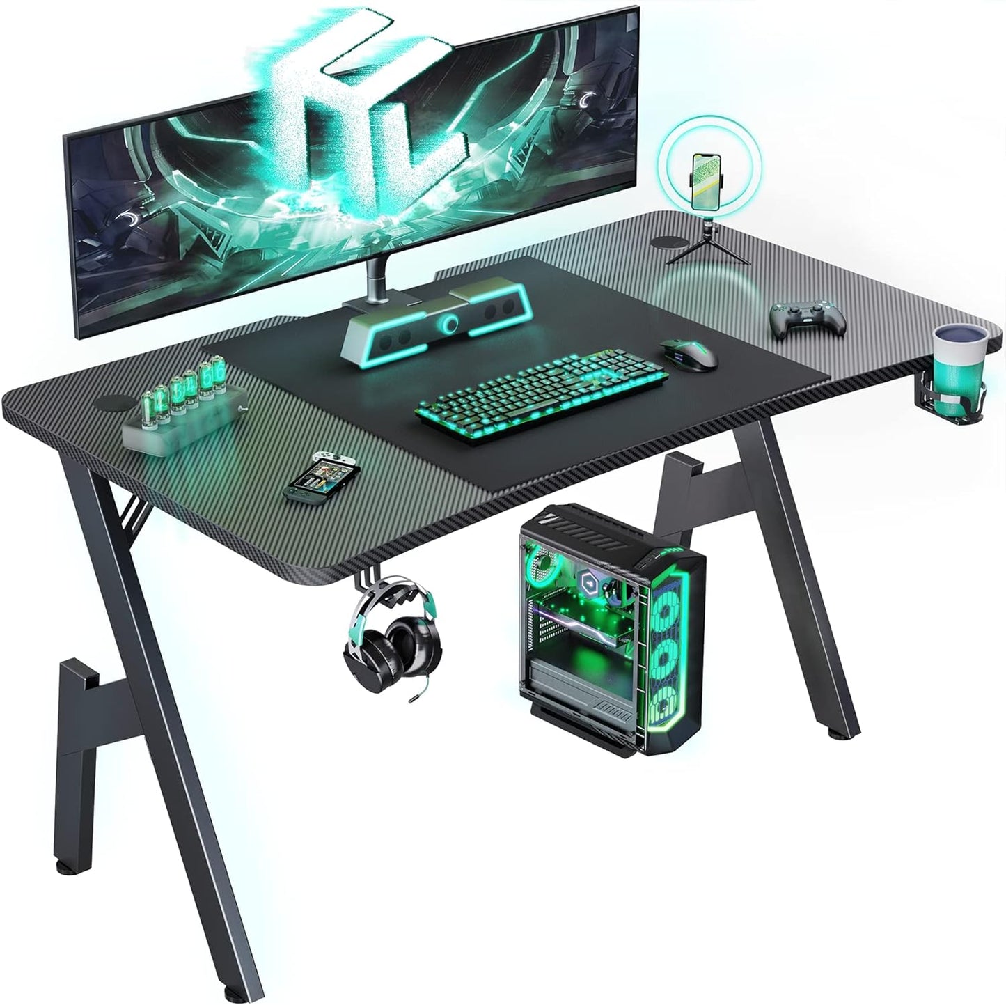 Desk for Gaming Computer PC in Bedroom - 47" | Black from AHF Depot - Black Gaming Desk featuring an advanced gaming PC setup against a clean white background with a teal hue.