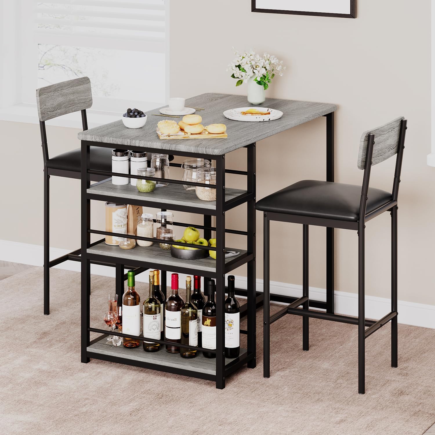 Dining Set Includes Table and Chairs for Kitchen | Light Wood Bar Style from AHF Depot - Shelf side view of dining set featuring a modern light wood bar-height table with two chair stools and built-in shelving, complemented by breakfast essentials and flowers in a stylish indoor dining room scene.