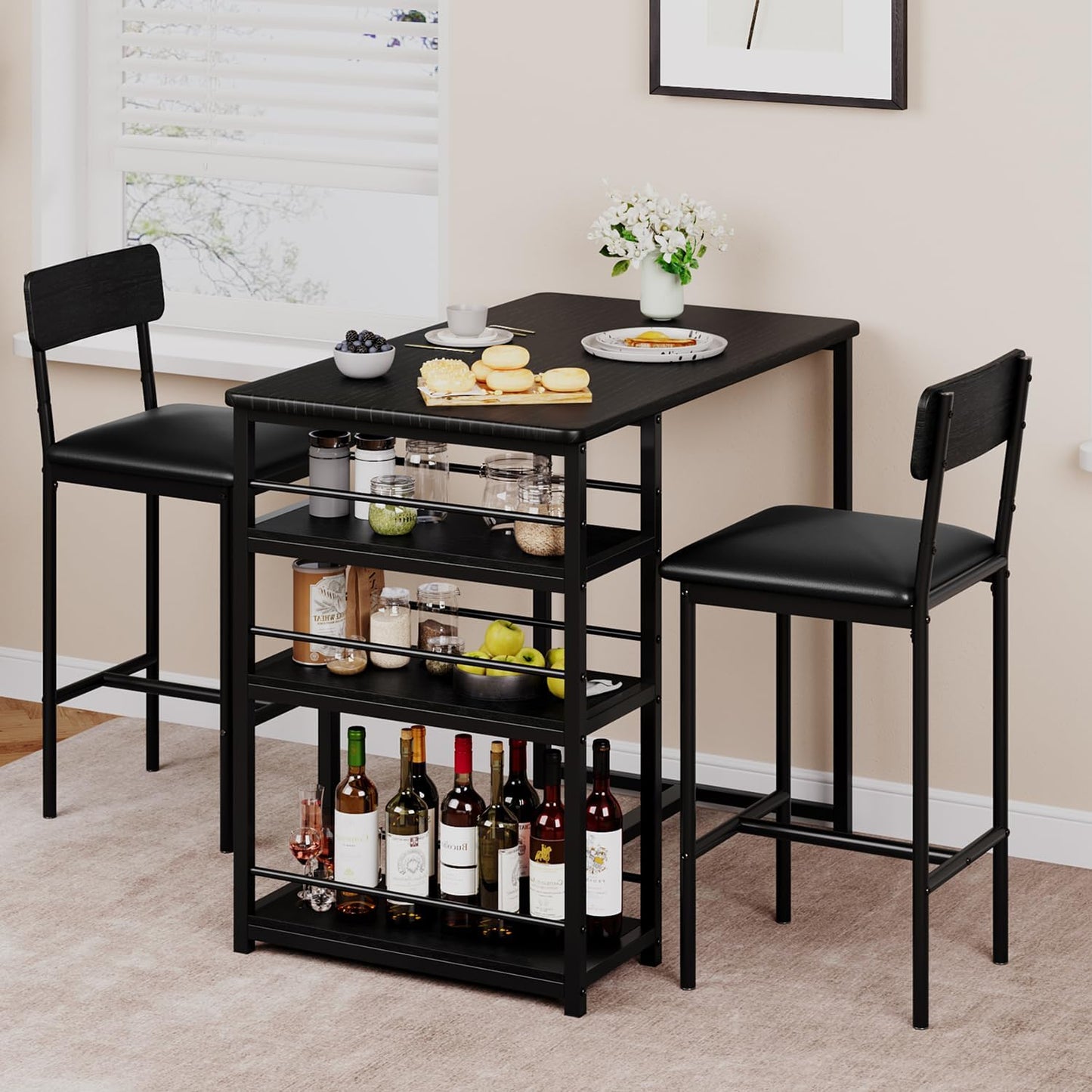 Dining Set Includes Table and Chairs for Kitchen | Black Bar Style from AHF Depot - Shelf side view of dining set featuring a modern black bar-height table with two chair stools and built-in shelving, complemented by breakfast essentials and flowers in a stylish indoor dining room scene.