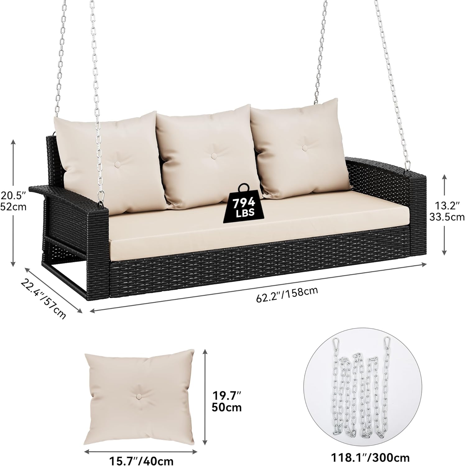 Outdoor Padded Porch Swing Hanging 3 Seater Chair | Black/Tan from AHF Depot - Modern black rattan frame hanging porch swing with tan cushions set against a white background. Dimensions: 62.2" L x 22.4" W x 20.5" H.