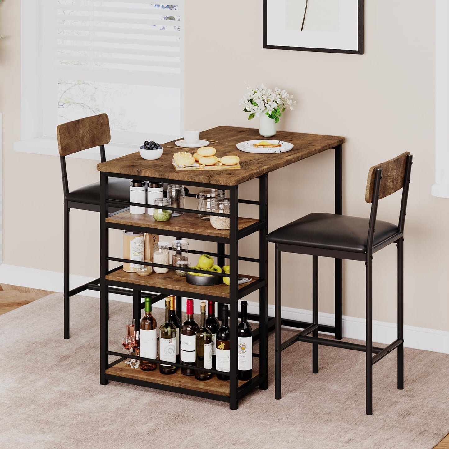 Dining Set Includes Table and Chairs for Kitchen | Dark Wood Bar Style from AHF Depot - Shelf side view of dining set featuring a modern dark wood bar-height table with two chair stools and built-in shelving, complemented by breakfast essentials and flowers in a stylish indoor dining room scene.