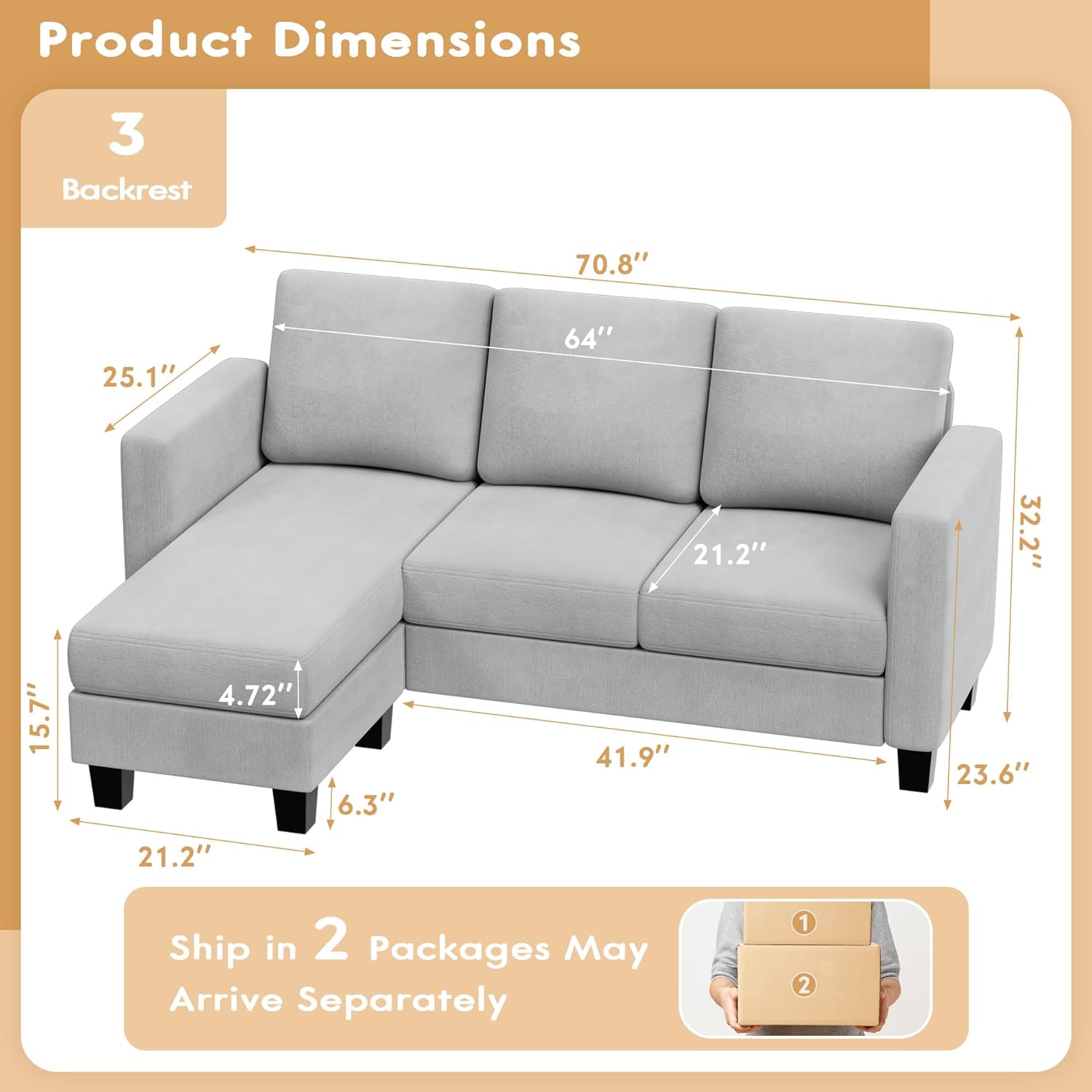 Couch Sectional Sofa with Ottoman for Living Room | Grey from AHF Depot - Grey sectional sofa with a right-side chaise positioned against a clean white background showcasing product dimensions. Couch Dimensions 70.8" L x 25.1" W x 32.2" H. Ottoman Dimensions 21.2" L x 21.2" W. Floor to Seat Height is 15.7".