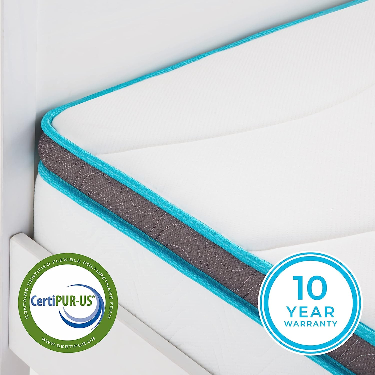 Mattress for Bedroom Memory Foam Hybrid | Linenspa from AHF Depot - Corner view of a Linenspa mattress showcasing the 10 year manufacturer warranty.