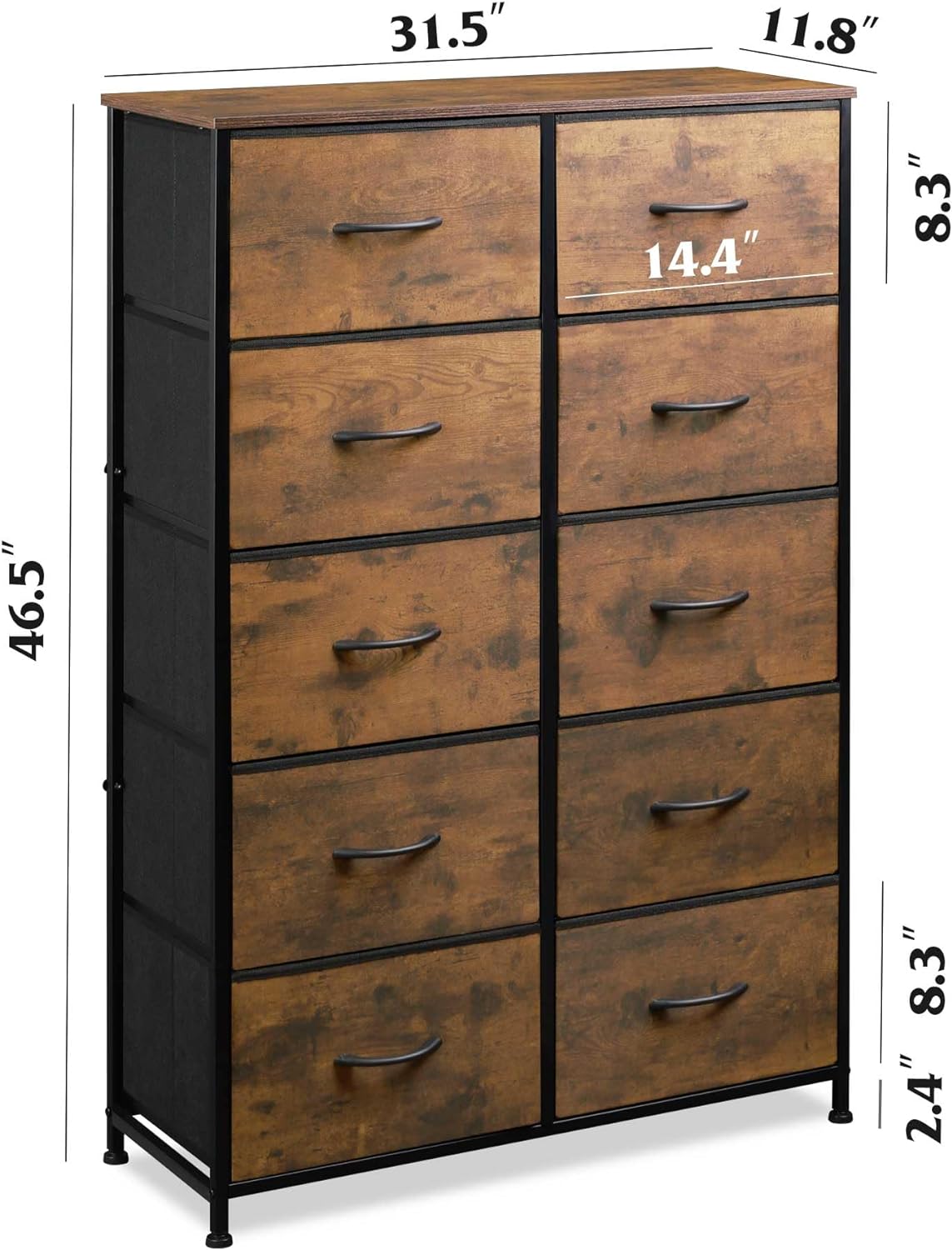 Dresser with 10 Drawers for Bedroom | Wood Pattern from AHF Depot - Wood pattern 10 drawer dresser against a white background. Dimensions: 31.5" L x 11.8" W x 46.5" H.