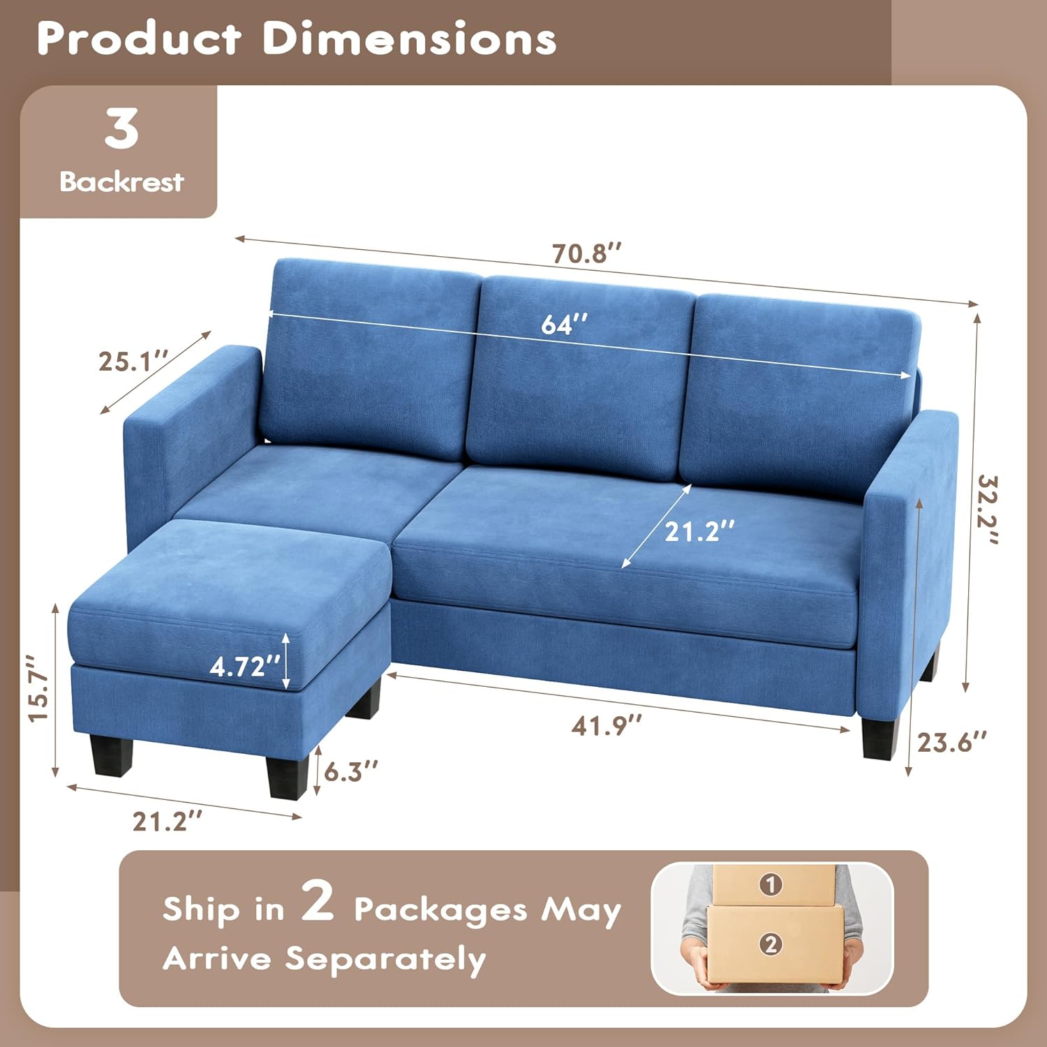 Couch Sectional Sofa with Ottoman for Living Room | Blue from AHF Depot -Blue sectional sofa with a right-side chaise positioned against a clean white background showcasing product dimensions. Couch Dimensions 70.8" L x 25.1" W x 32.2" H. Ottoman Dimensions 21.2" L x 21.2" W. Floor to Seat Height is 15.7".