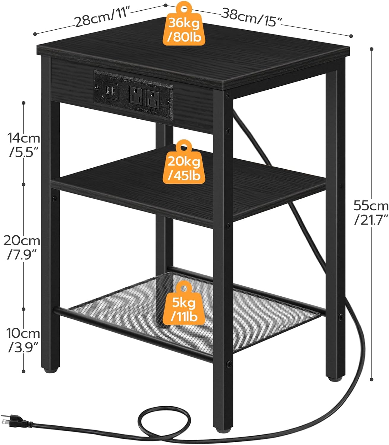 Side Table/End Table with Charging Station for Bedroom Storage | Black from AHF Depot - Black side table with charging station against a white background. Dimensions: 11" L x 15" W x 21.7" H.