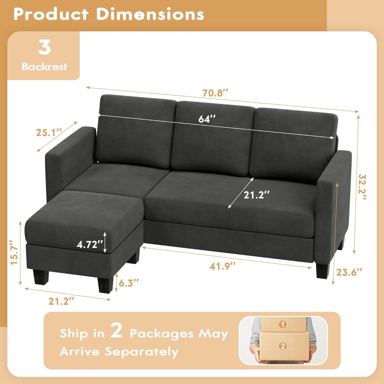 Couch Sectional Sofa with Ottoman for Living Room | Dark Grey from AHF Depot - Dark Grey sectional sofa with a right-side chaise positioned against a clean white background showcasing product dimensions. Couch Dimensions 70.8" L x 25.1" W x 32.2" H. Ottoman Dimensions 21.2" L x 21.2" W. Floor to Seat Height is 15.7".