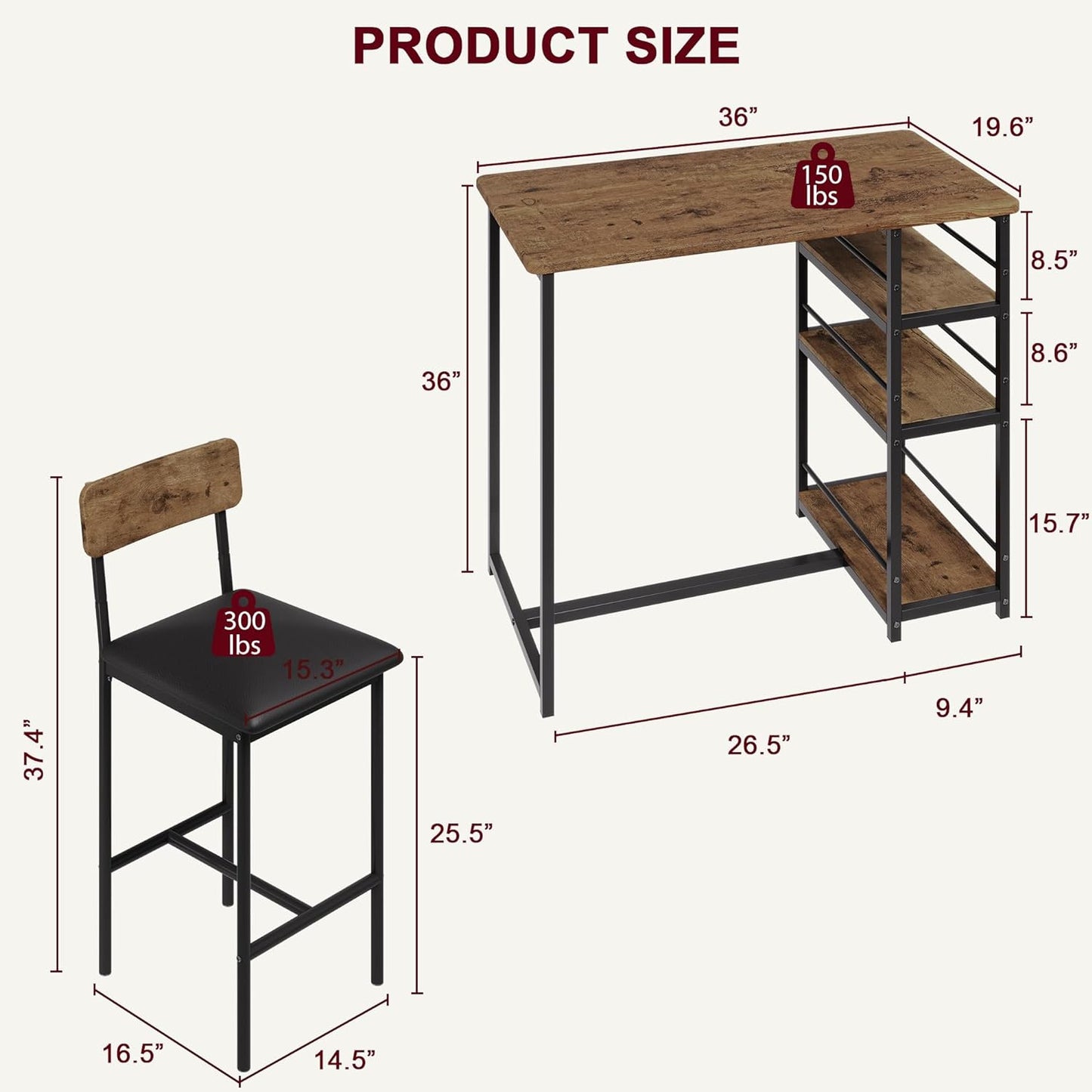 Dining Set Includes Table and Chairs for Kitchen | Dark Wood Bar Style from AHF Depot - Modern dark wood bar-height table and one chair against a white background. Table Dimensions: 36" L x 19.6" W x 36" H. Chair Dimensions: 16.5" L x 15.3" W x 37.4" H.