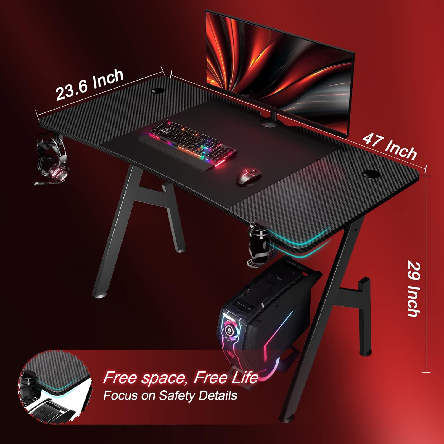 Desk for Gaming Computer PC in Bedroom - 47" | Black from AHF Depot - Black Gaming Desk positioned against a red background showcasing product dimensions. Dimensions 47" L x 23.6" W x 29" H. 