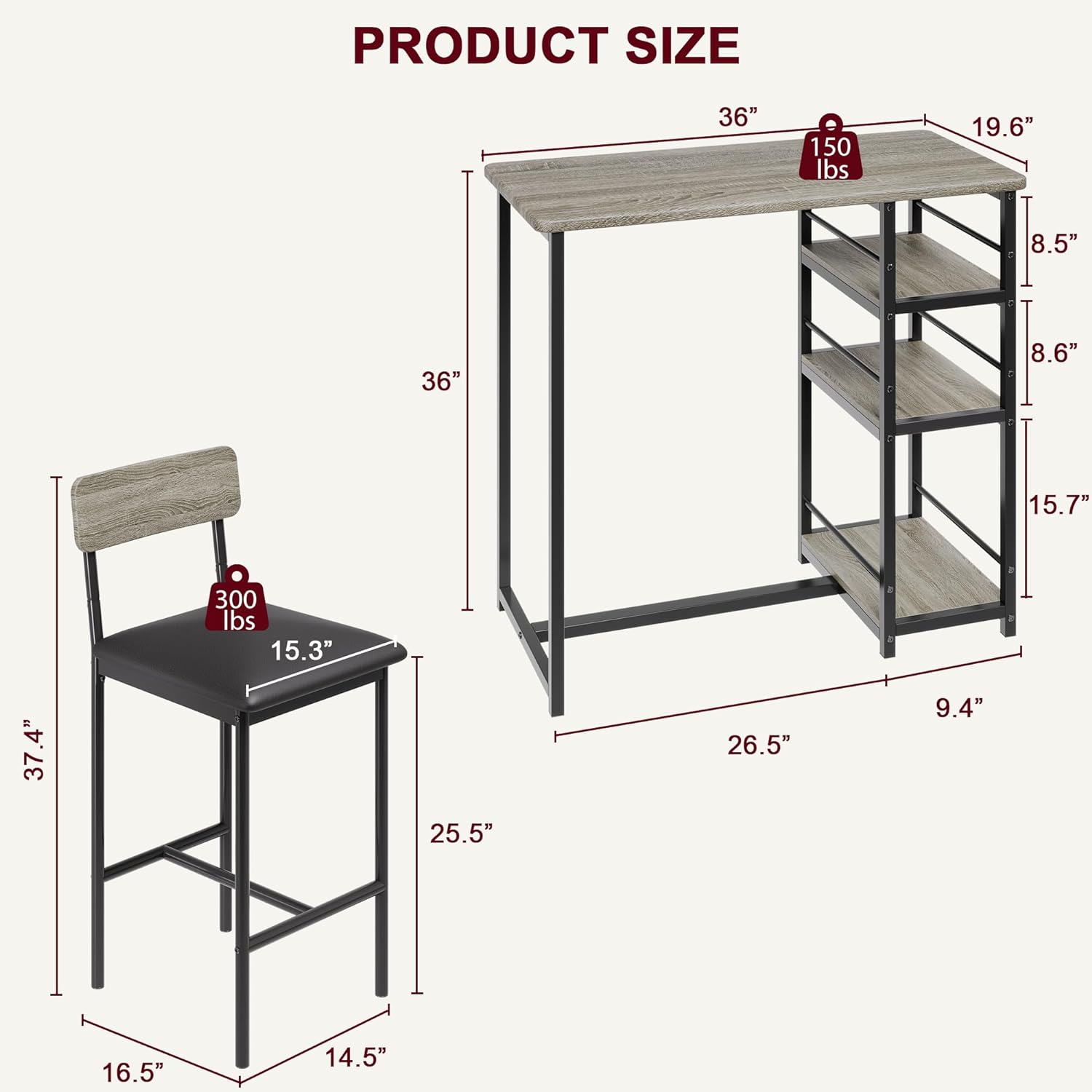 Dining Set Includes Table and Chairs for Kitchen | Light Wood Bar Style from AHF Depot - Modern light wood bar-height table and one chair against a white background. Table Dimensions: 36" L x 19.6" W x 36" H. Chair Dimensions: 16.5" L x 15.3" W x 37.4" H.