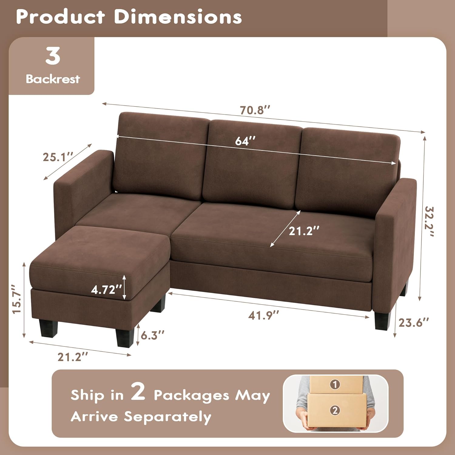 Couch Sectional Sofa with Ottoman for Living Room | Brown from AHF Depot - Brown sectional sofa with a right-side chaise positioned against a clean white background showcasing product dimensions. Couch Dimensions 70.8" L x 25.1" W x 32.2" H. Ottoman Dimensions 21.2" L x 21.2" W. Floor to Seat Height is 15.7".