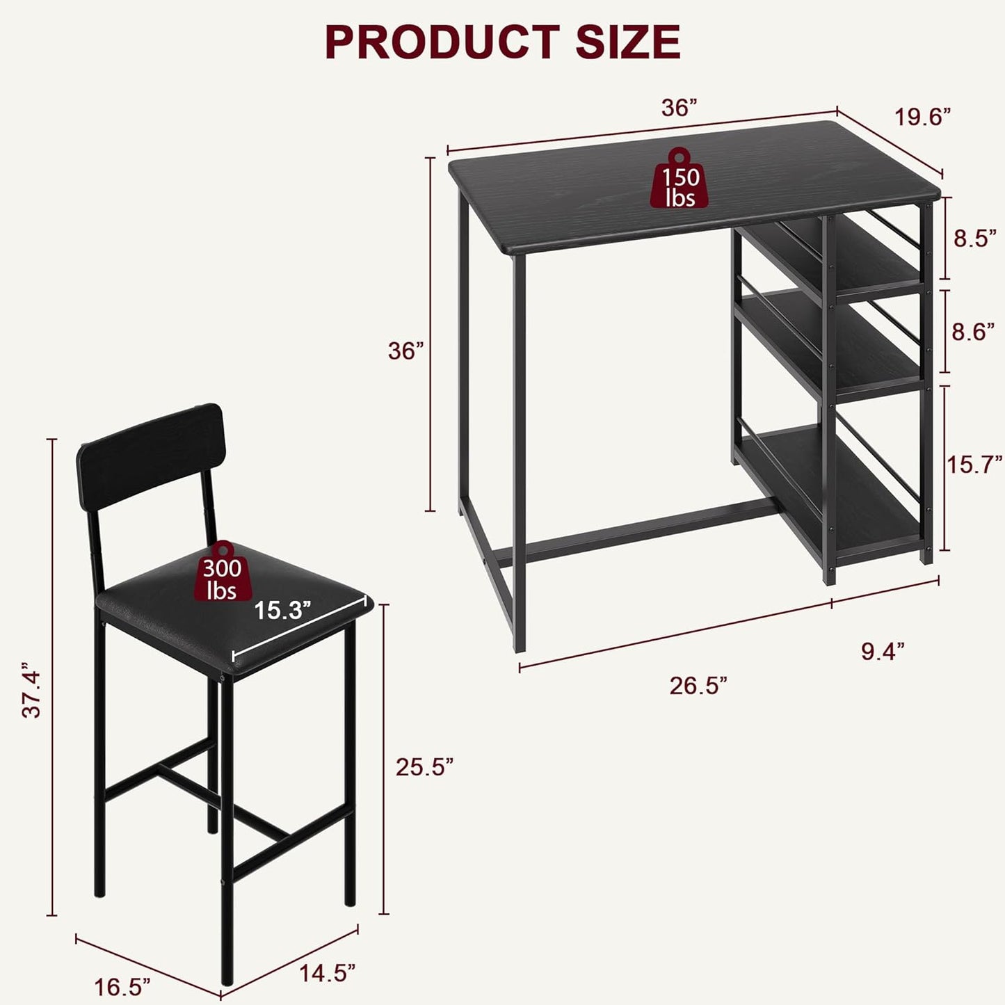 Dining Set Includes Table and Chairs for Kitchen | Black Bar Style from AHF Depot - Modern black bar-height table and one chair against a white background. Table Dimensions: 36" L x 19.6" W x 36" H. Chair Dimensions: 16.5" L x 15.3" W x 37.4" H.