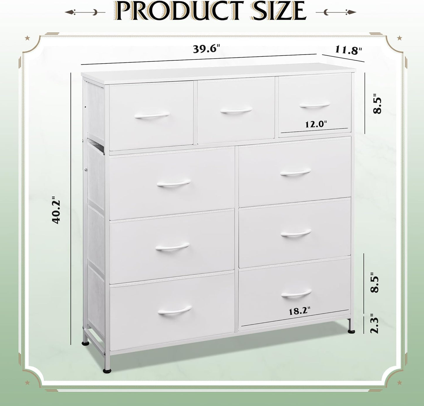 Dresser with 9 Drawers for Bedroom | White from AHF Depot - White 9 drawer dresser against a white background. Dimensions: 39.6" L x 11.8" W x 40.2" H.