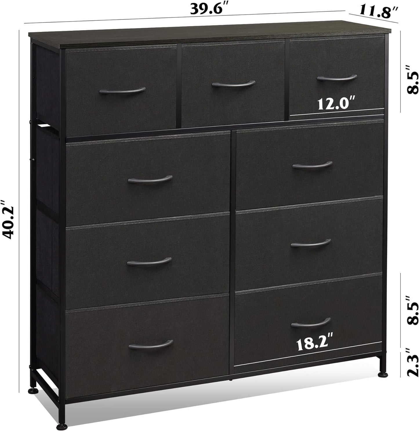 Dresser with 9 Drawers for Bedroom | Black from AHF Depot - Black 9 drawer dresser against a white background. Dimensions: 39.6" L x 11.8" W x 40.2" H.